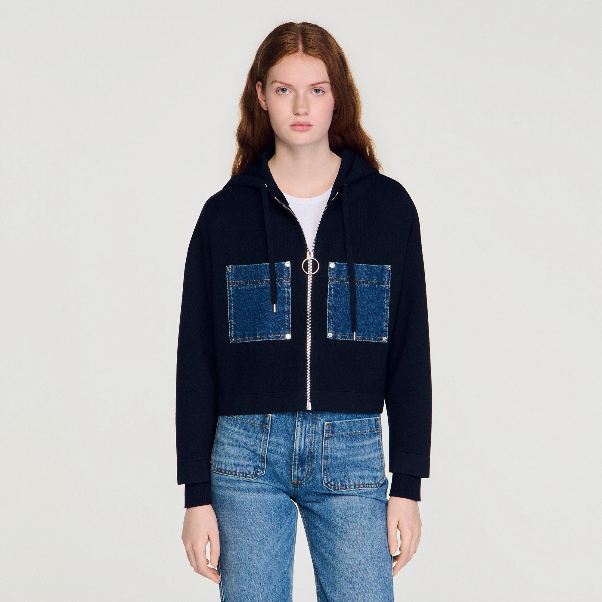Knit and denim sweatshirt blue For Women | Sandro Paris