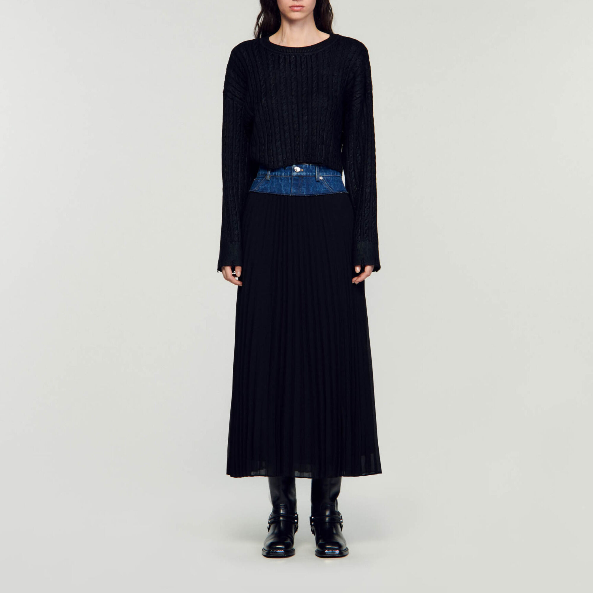 Long pleated denim skirt