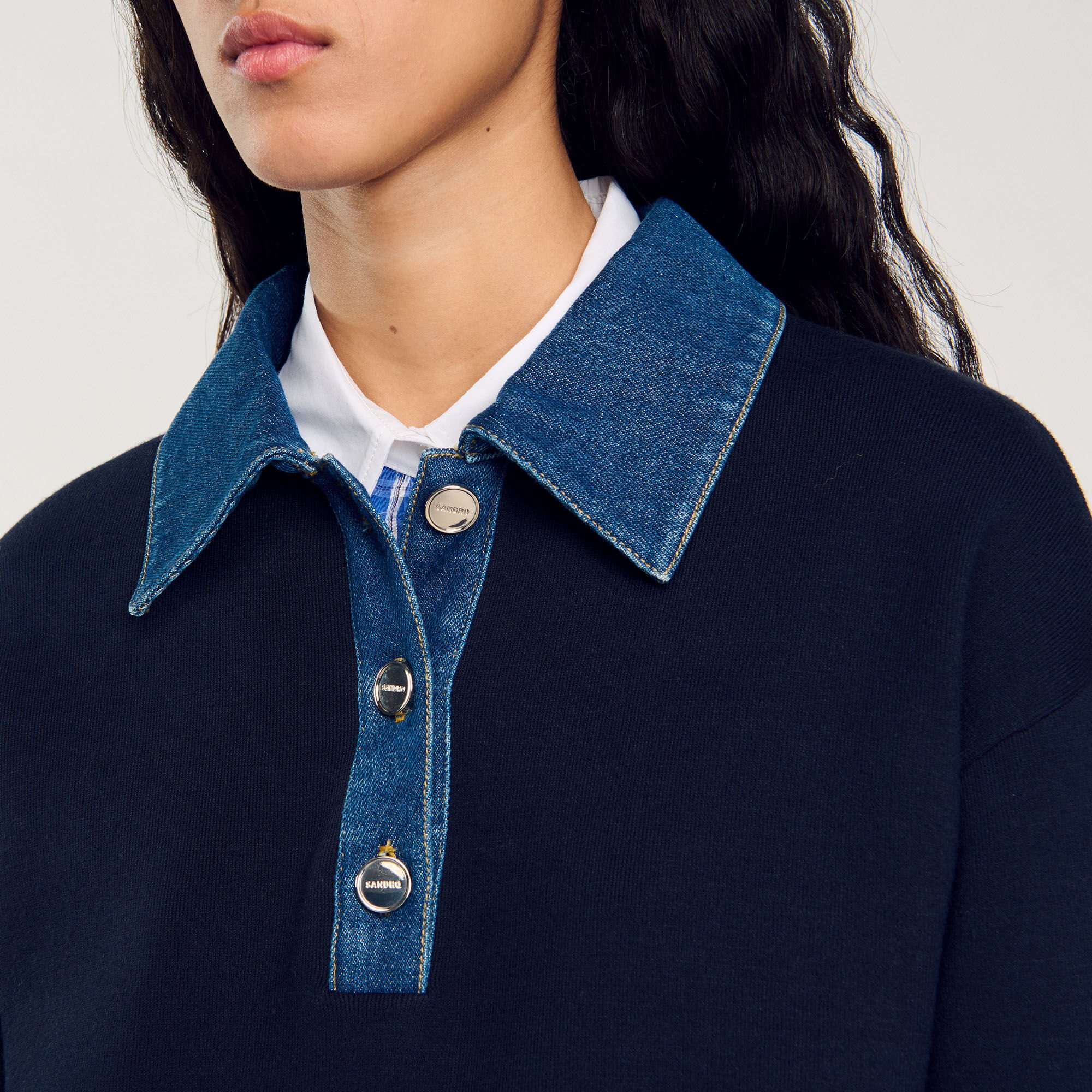 Jumper with denim collar blue For Women | Sandro Paris
