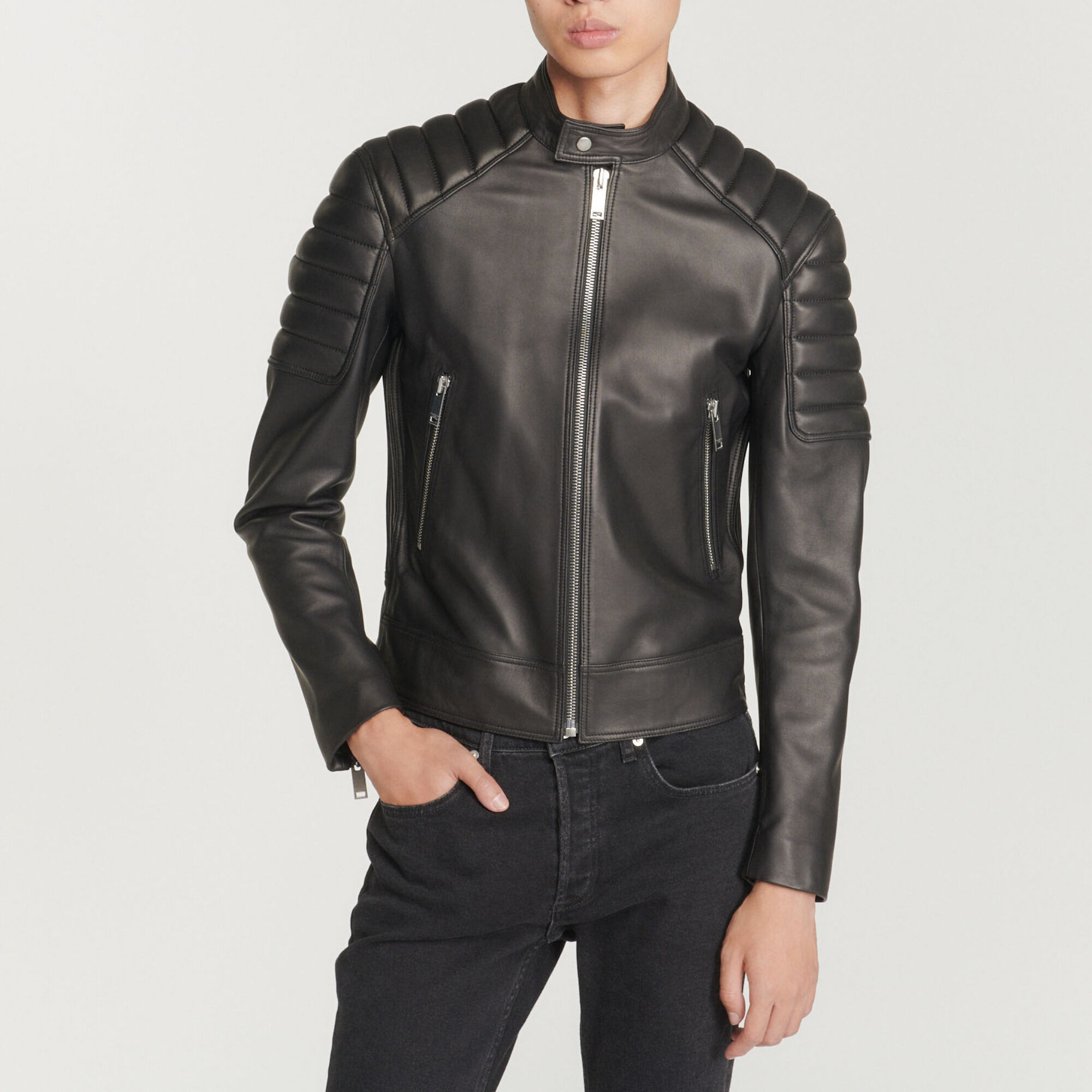 Leather jacket with quilted trims
