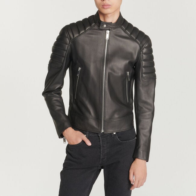 Leather jacket with quilted trims