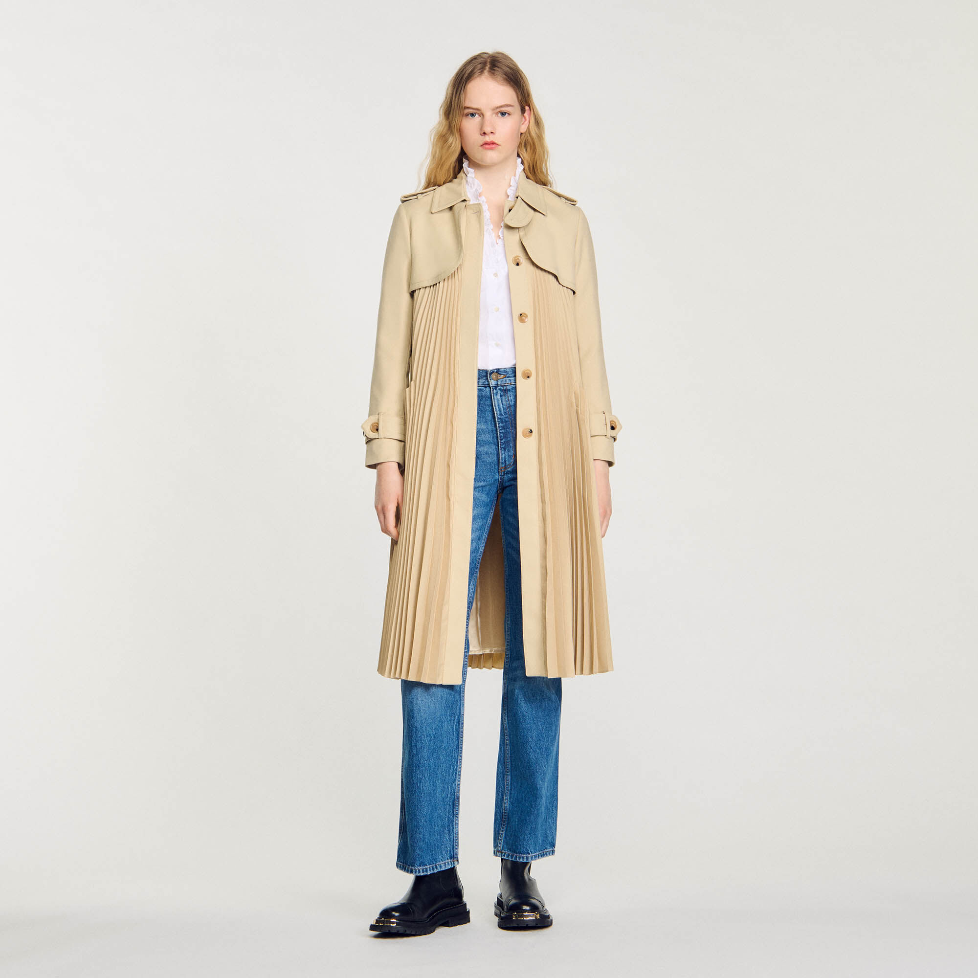 【海外限定】sandroトレンチコート☆Pleated-panel twill trench Pleated trench coat with belt white / beige For Women