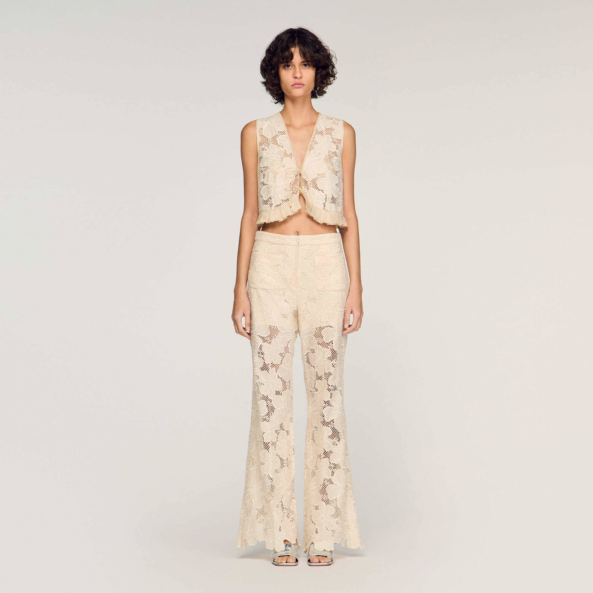 Guipure ruffle crop top white / beige For Women | Sandro Paris