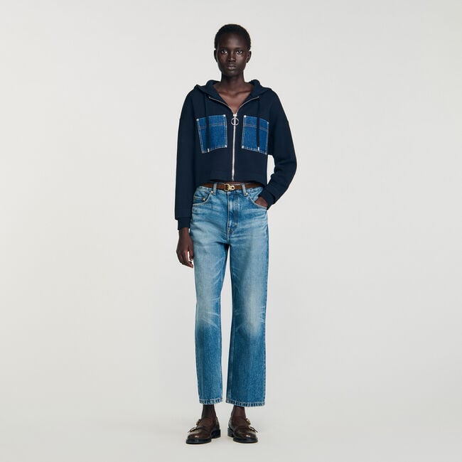 Knit and denim sweatshirt