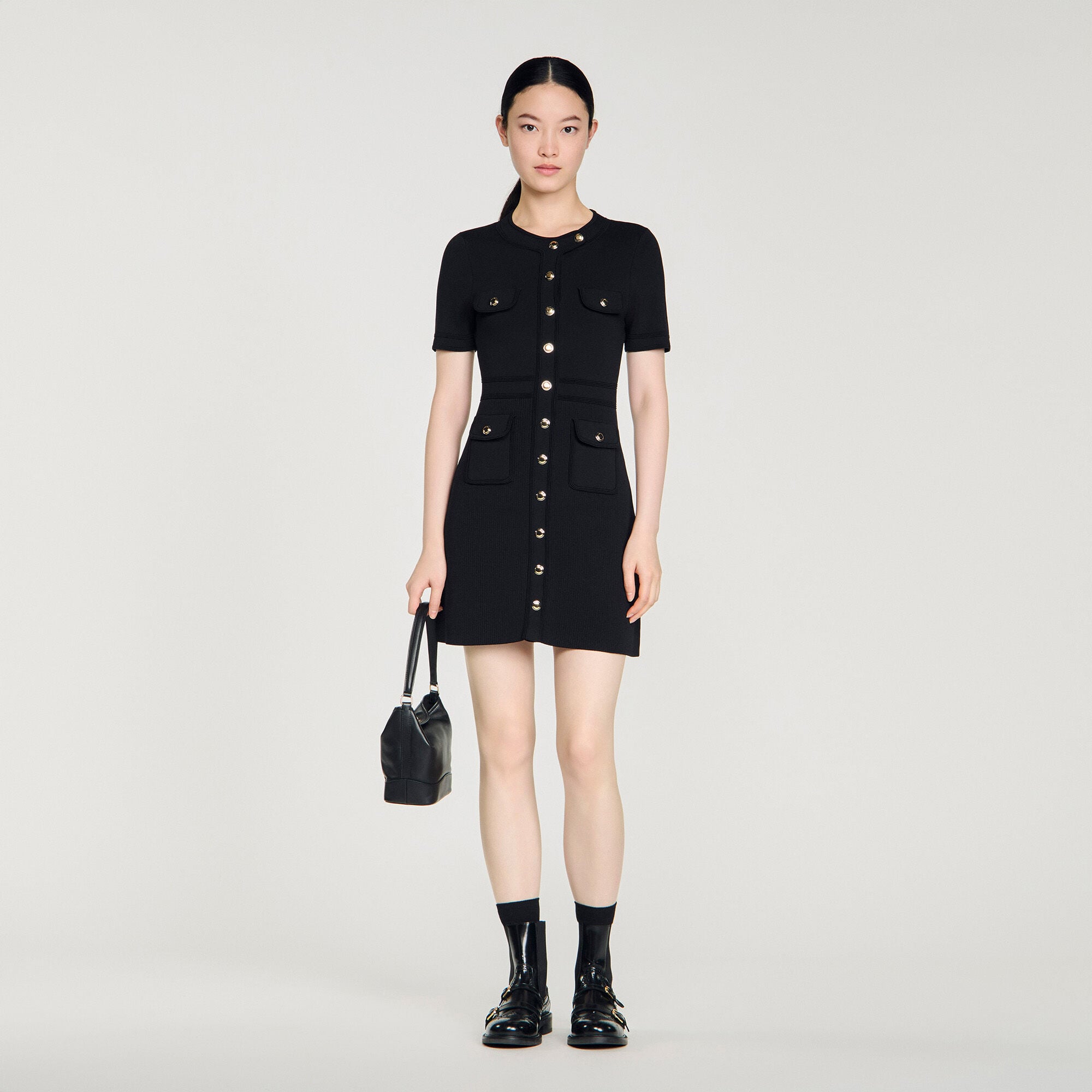 SANDRO ミニワンピース Button-up knit short dress black / gray For Women | Sandro Paris