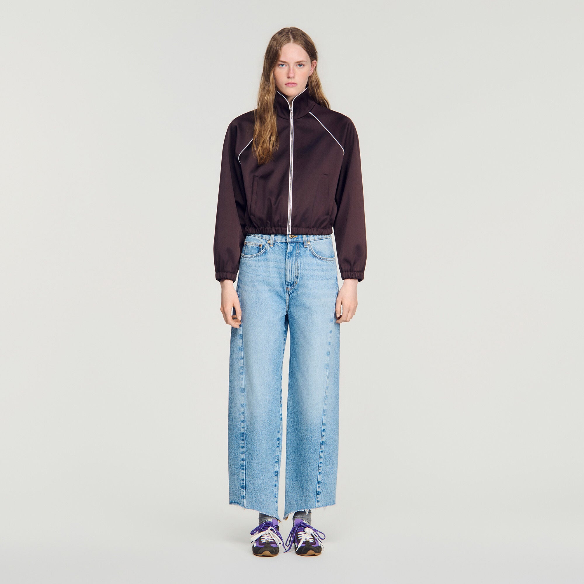 Cropped embroidered satin jacket