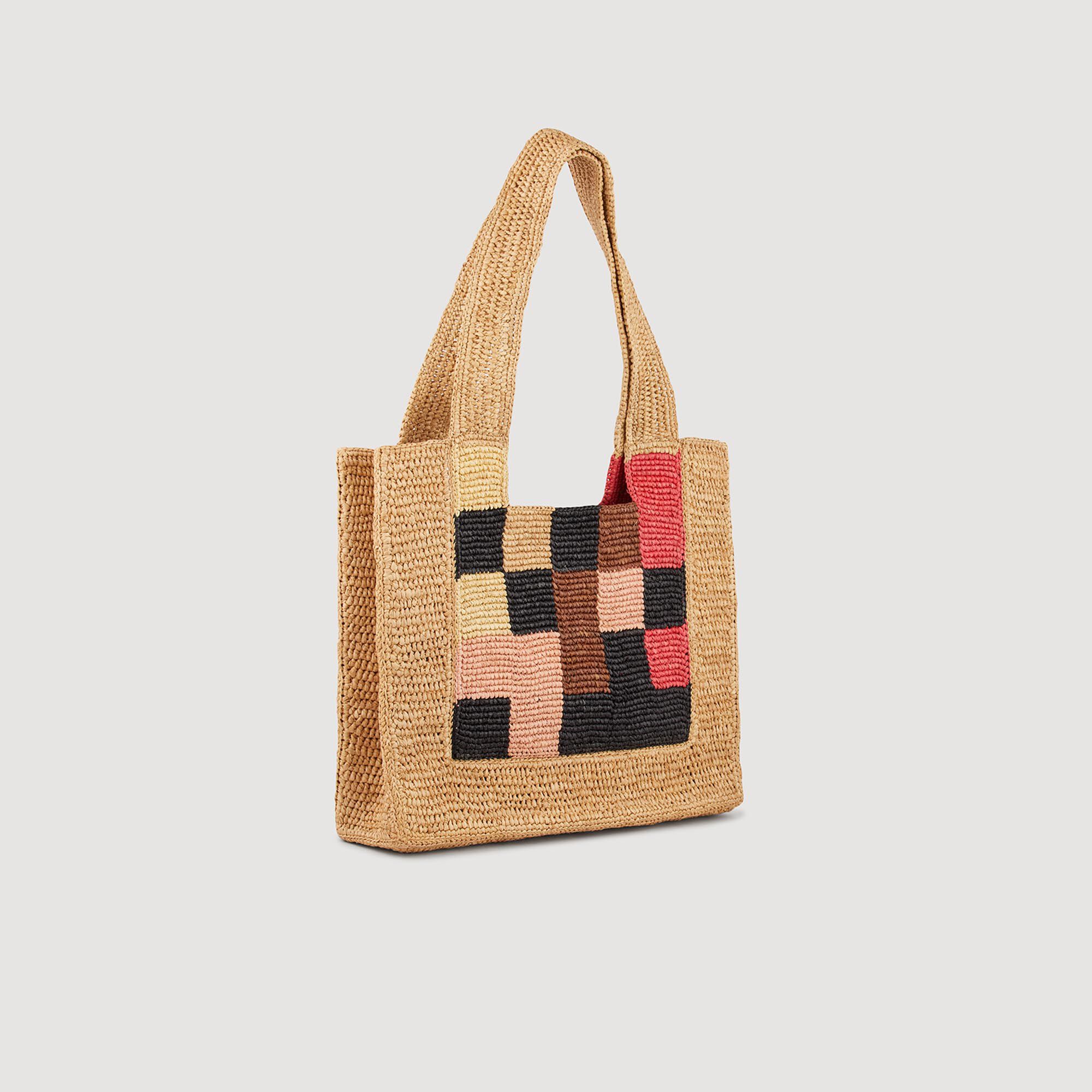 Small checkerboard raffia tote bag