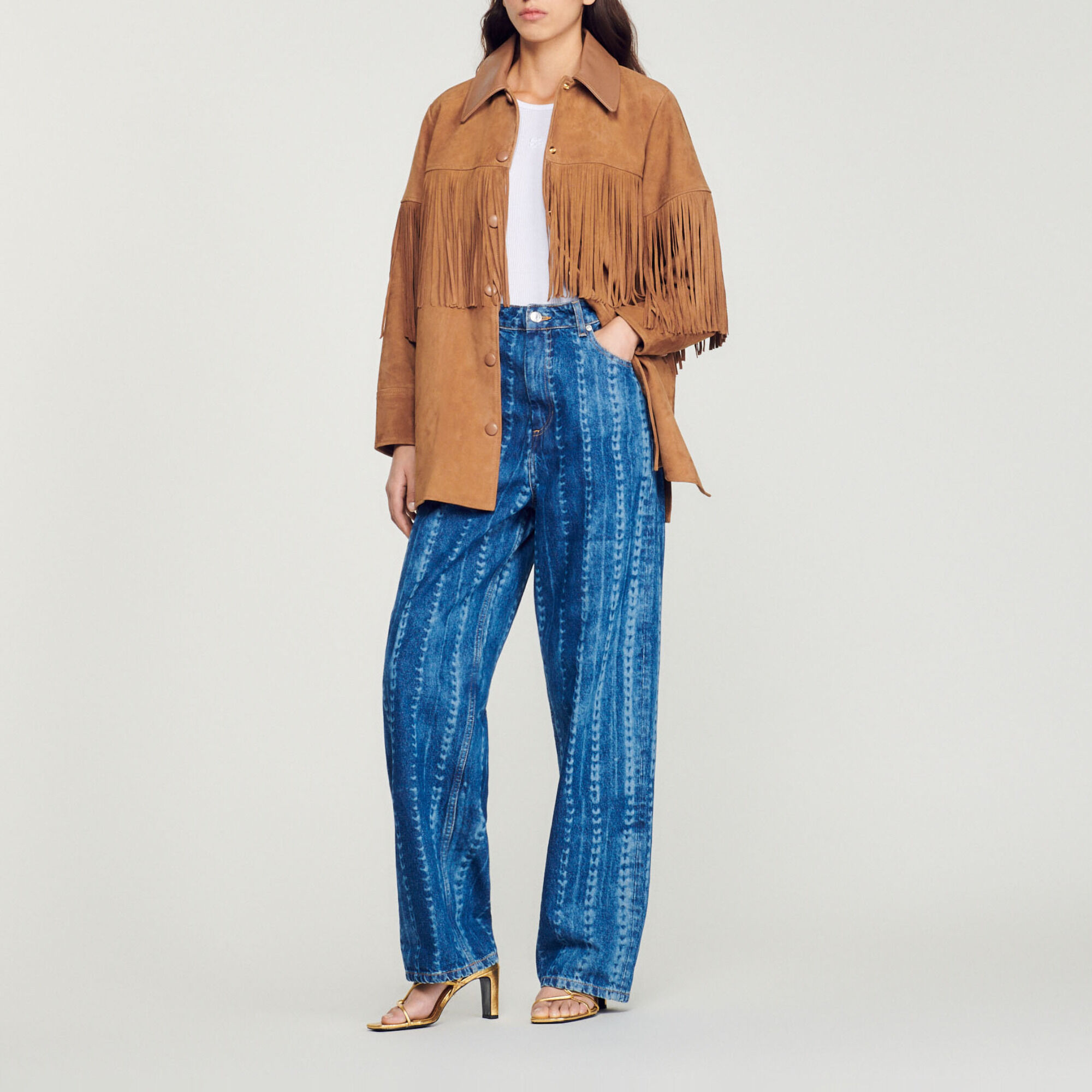 Sandro fringe online leather jacket