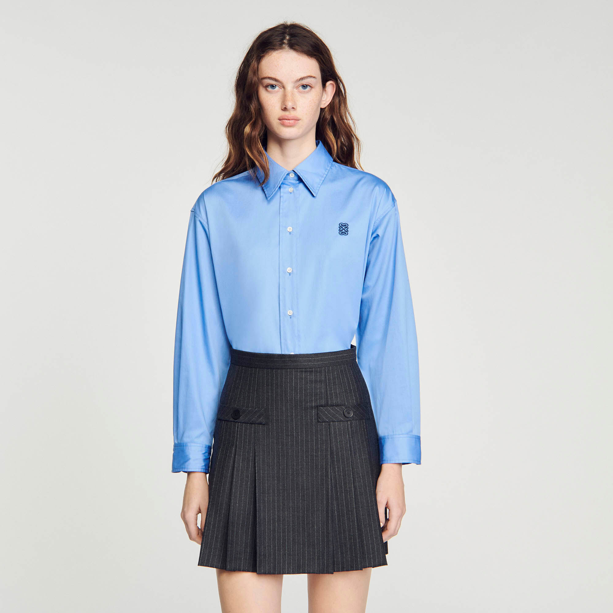 Blue skirt grey shirt deals