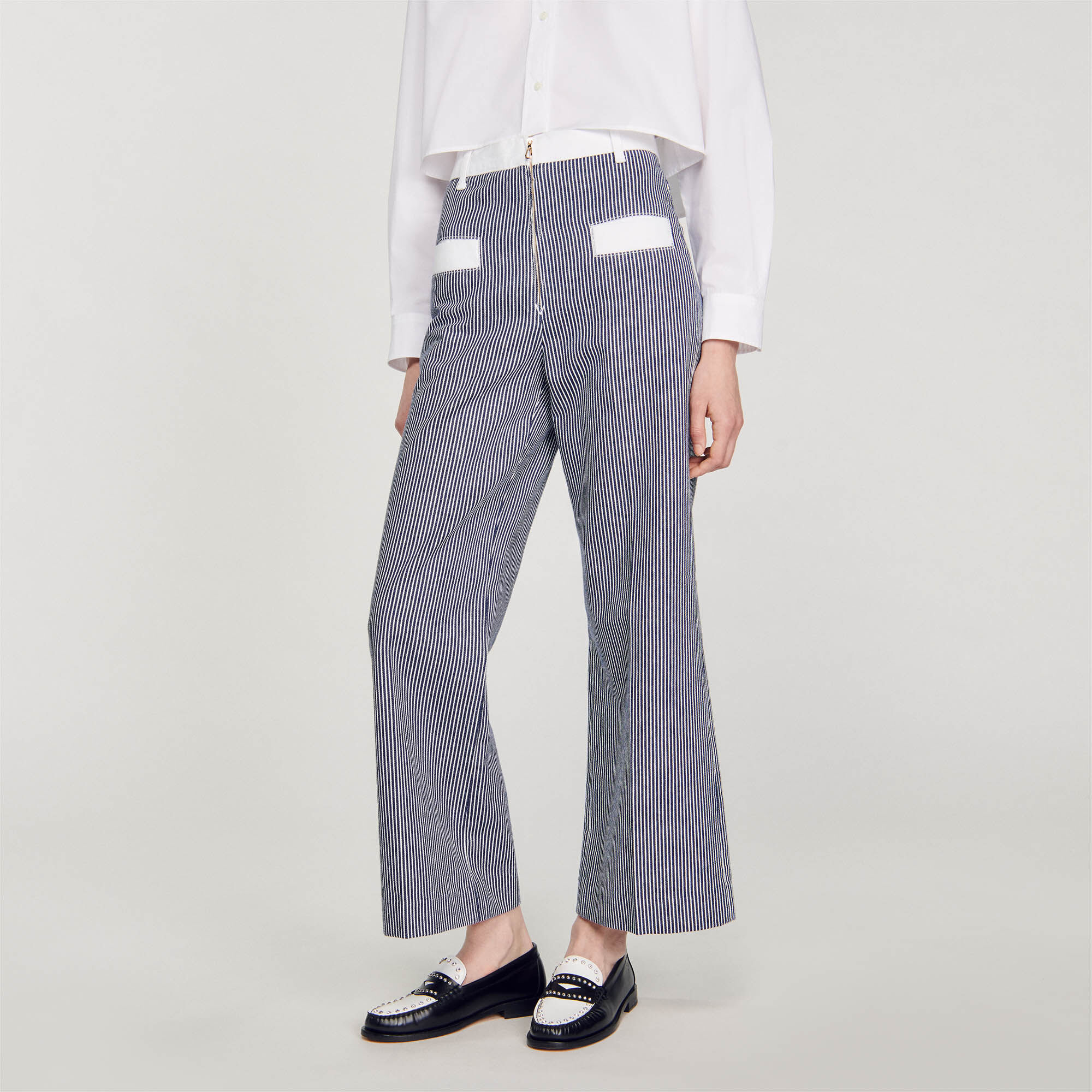 Buy Marie Claire Women Navy & White Original Fit Striped Peg Trousers -  Trousers for Women 1968349 | Myntra