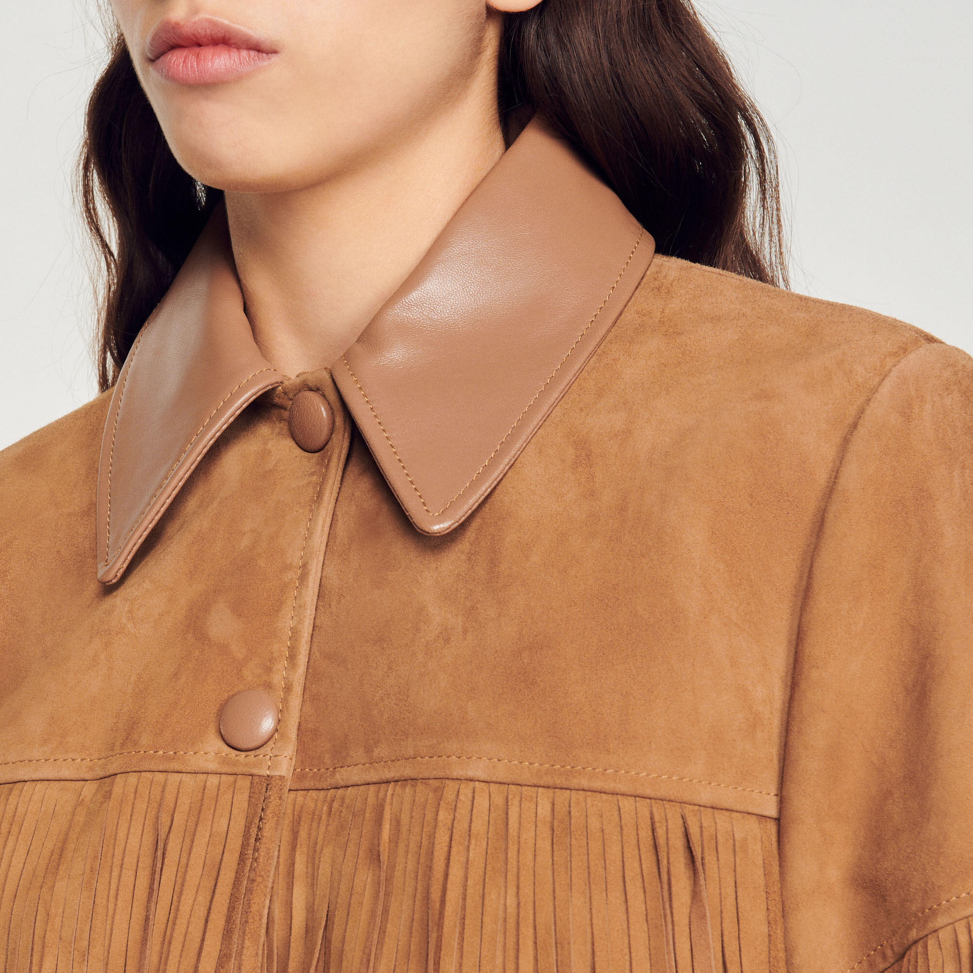 Sandro fringe leather jacket discount