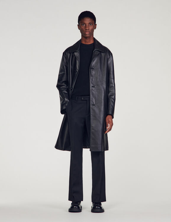 Manteau long en cuir Noir Homme