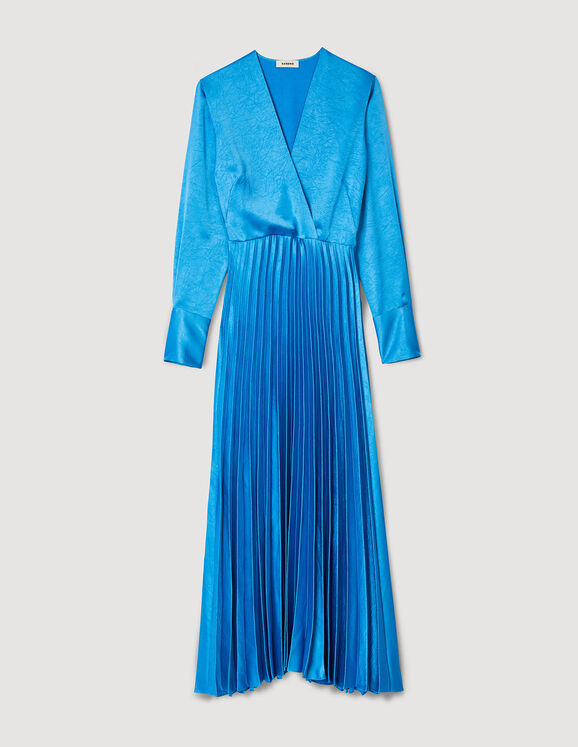 Pleated satin-effect midi dress Pétrol Blue Femme
