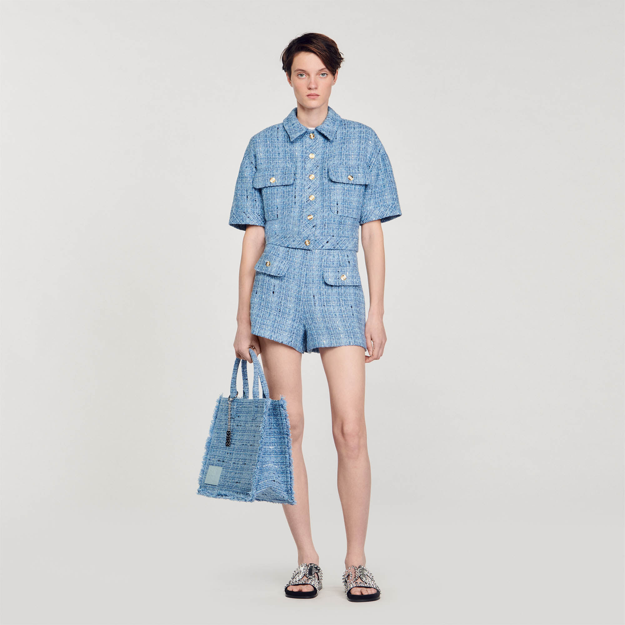 Blue tweed shorts cheap
