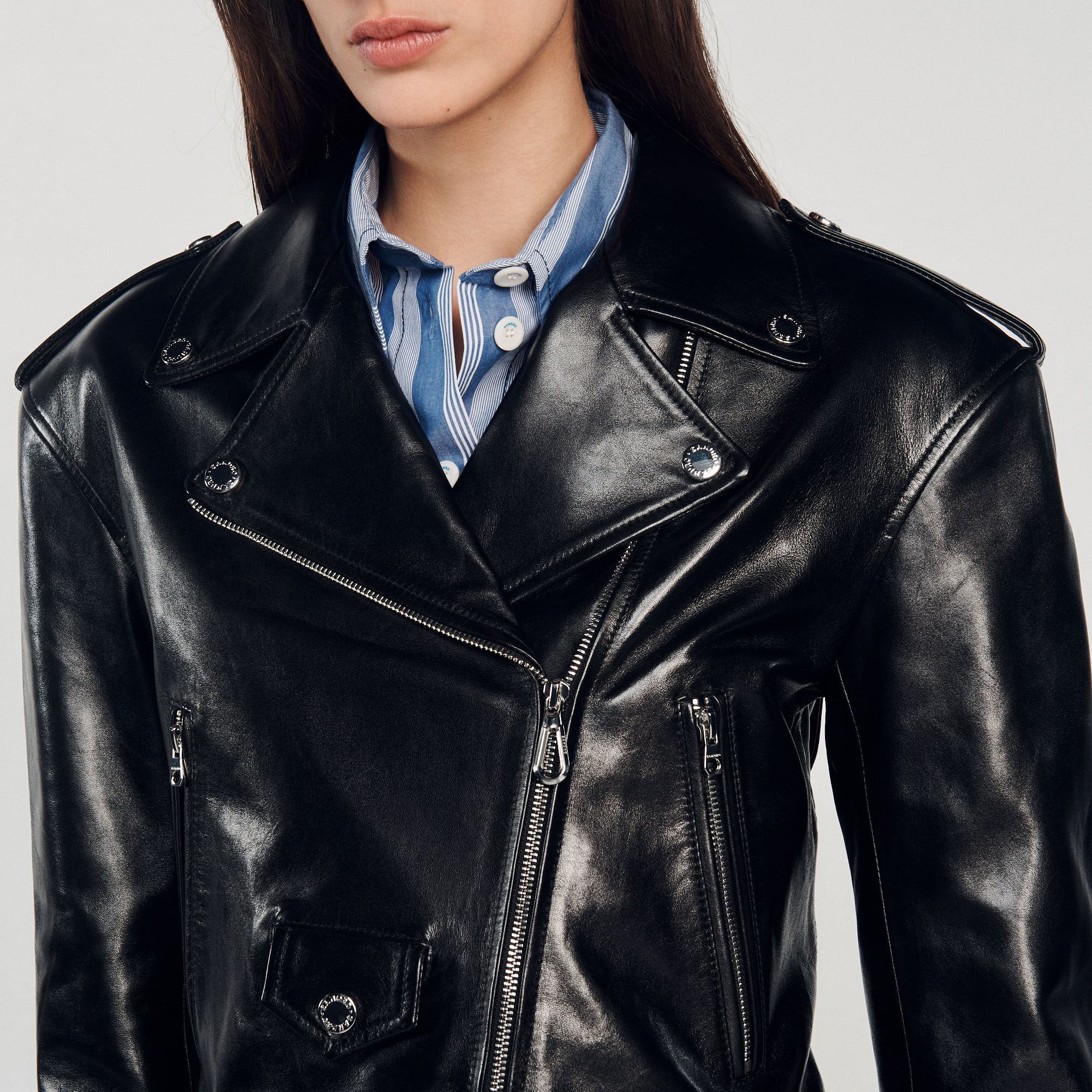 Sandro outlet leather jacket