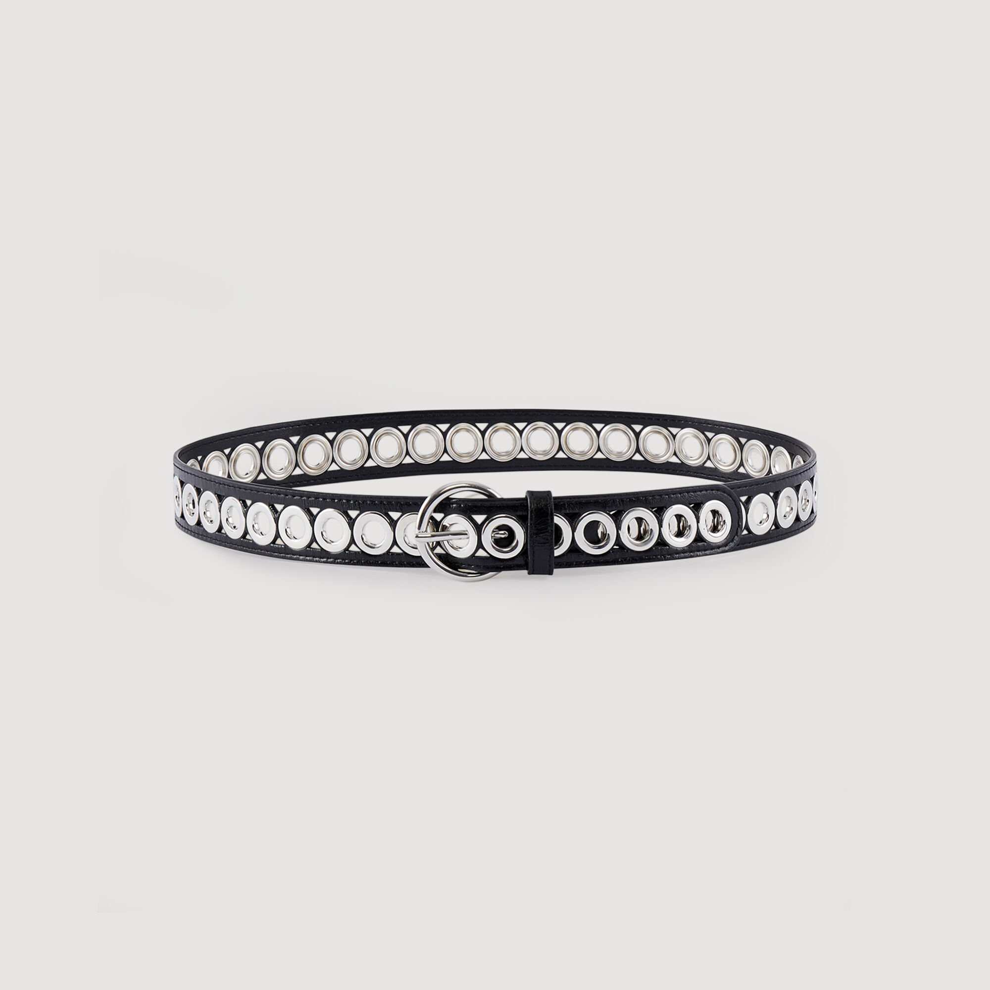 Belt with round buckle and eyelets