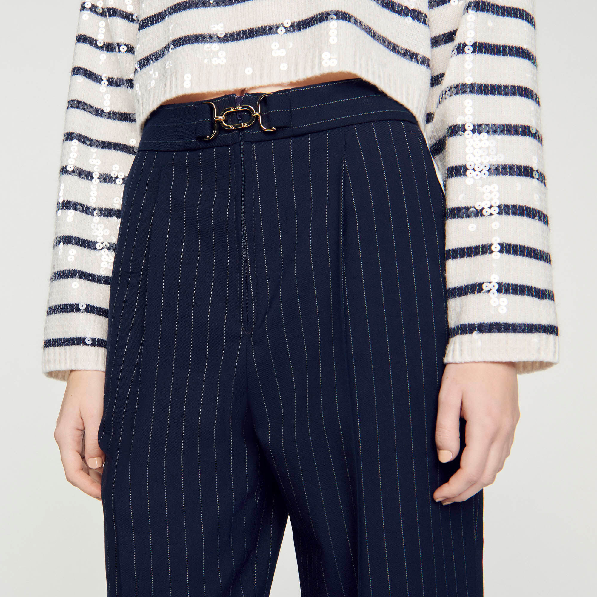 Blue and white striped trousers discount