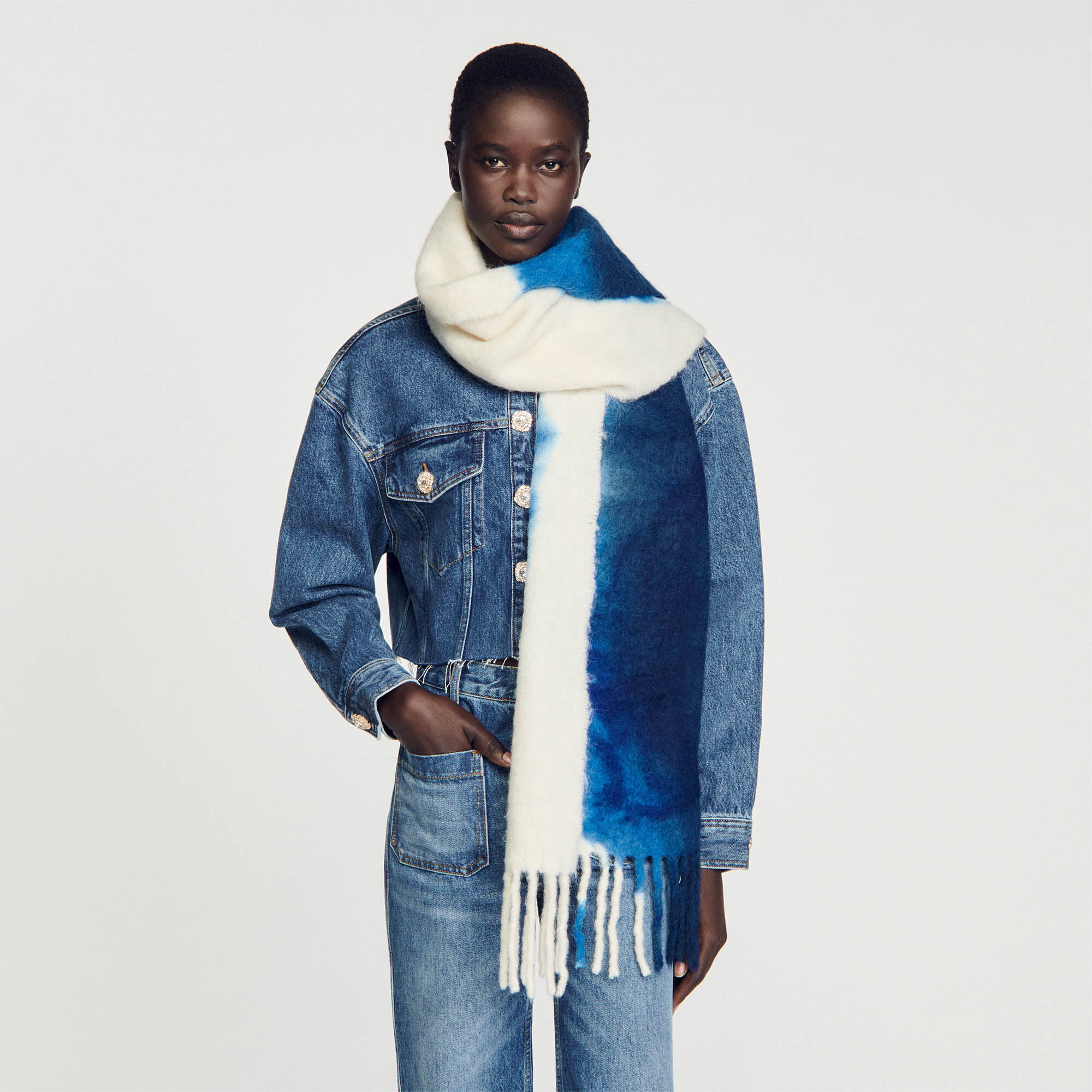 Sandro coat with fringed scarf collar hotsell