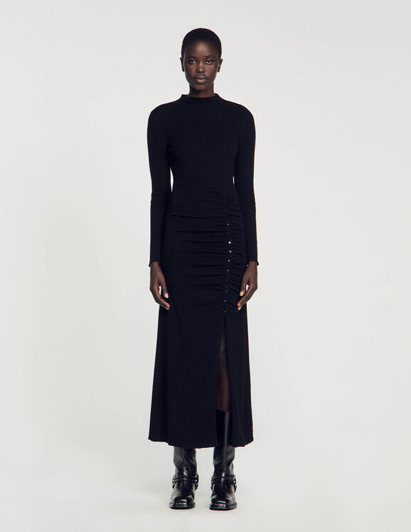 Long, gathered knit dress Black Femme