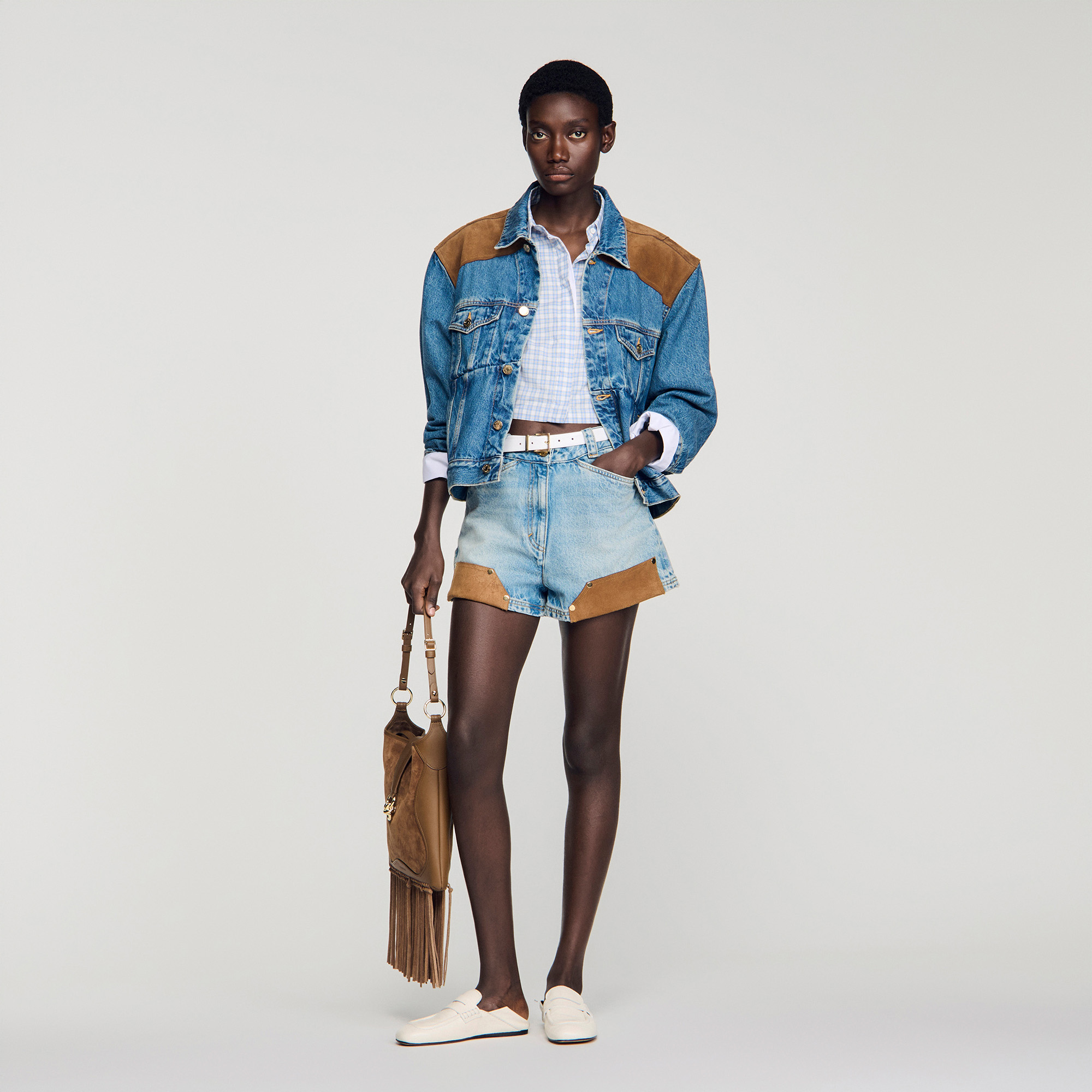 Sandro PARIS サンドロ パリストレッチ膝丈ワンピース S Denim and suede shorts with rivets For Women | Sandro Paris
