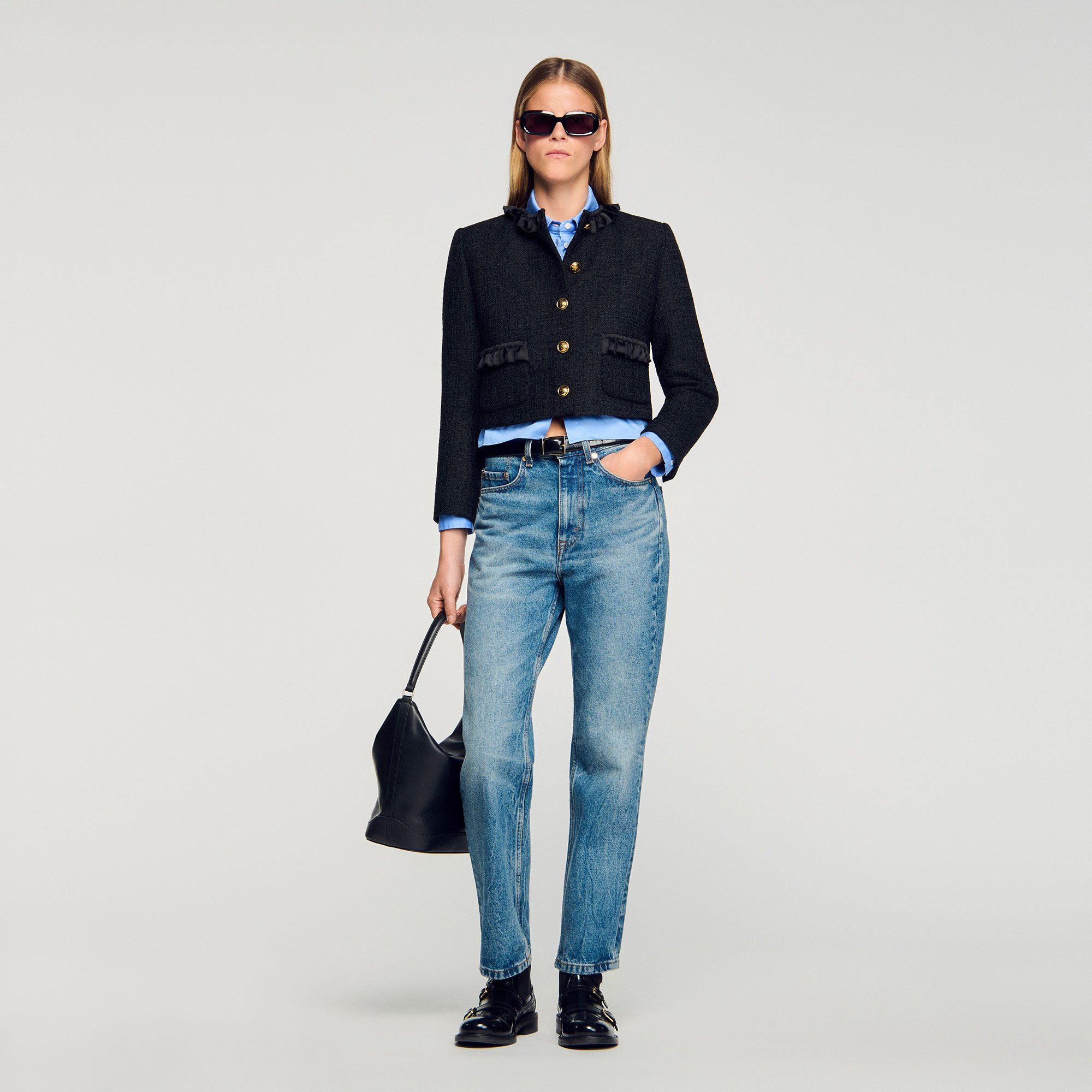 Ruffled tweed jacket black / gray For Women | Sandro Paris