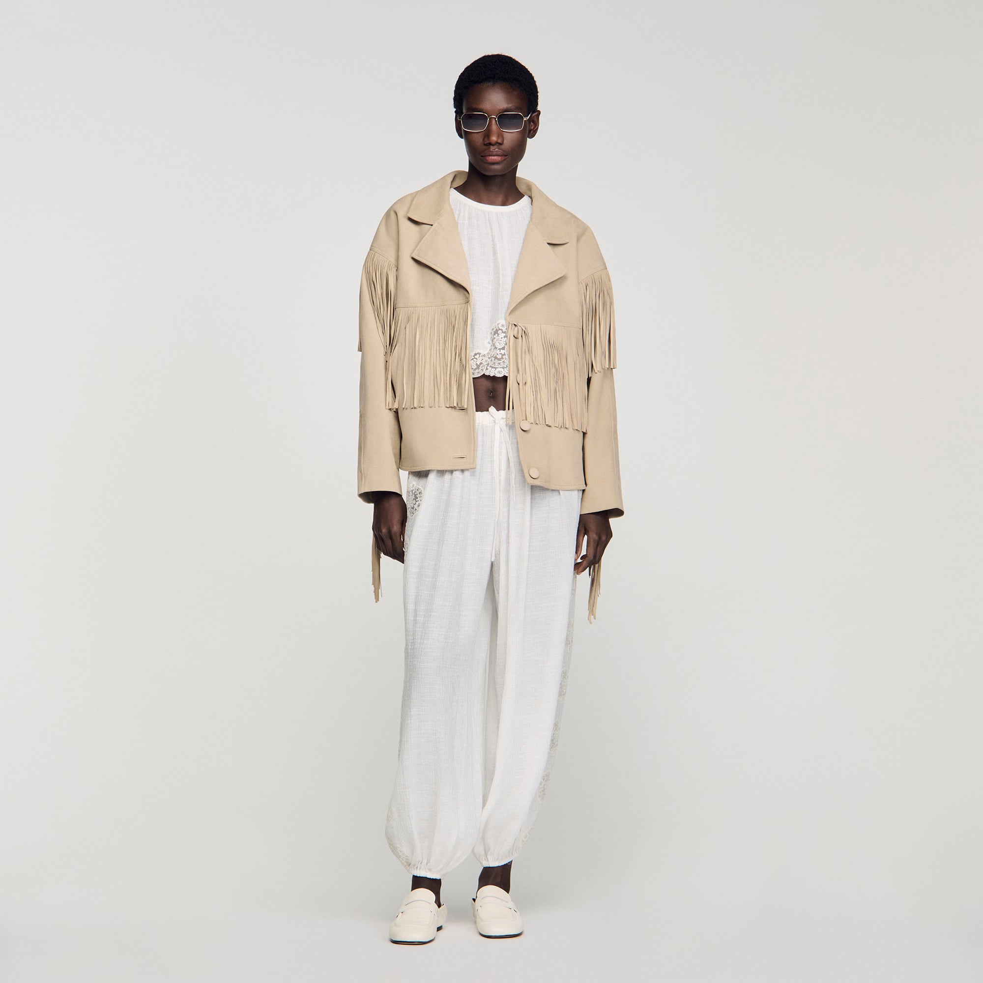 Fringed suede jacket white / beige For Women | Sandro Paris