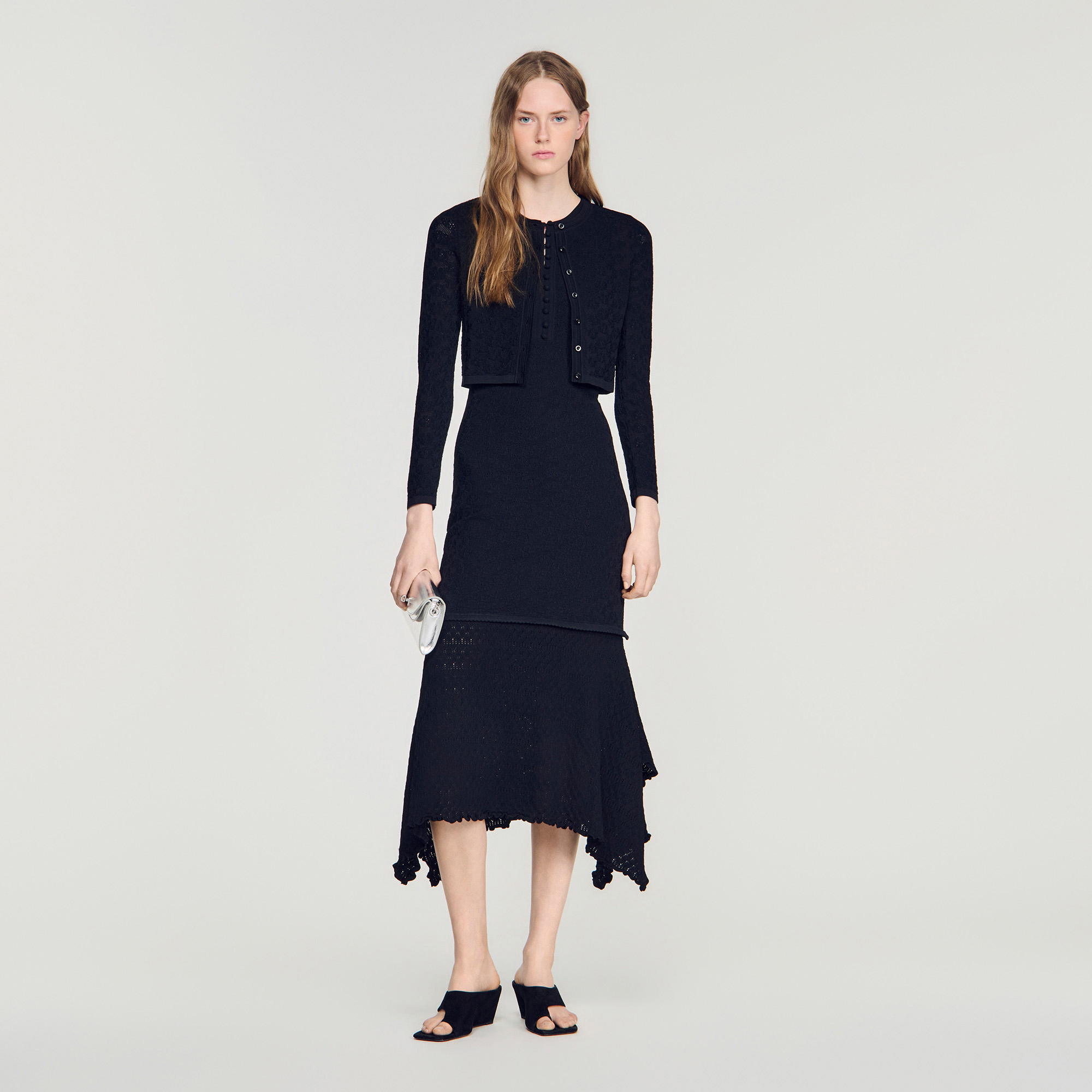 Decorative pointelle cardigan black / gray For Women | Sandro Paris