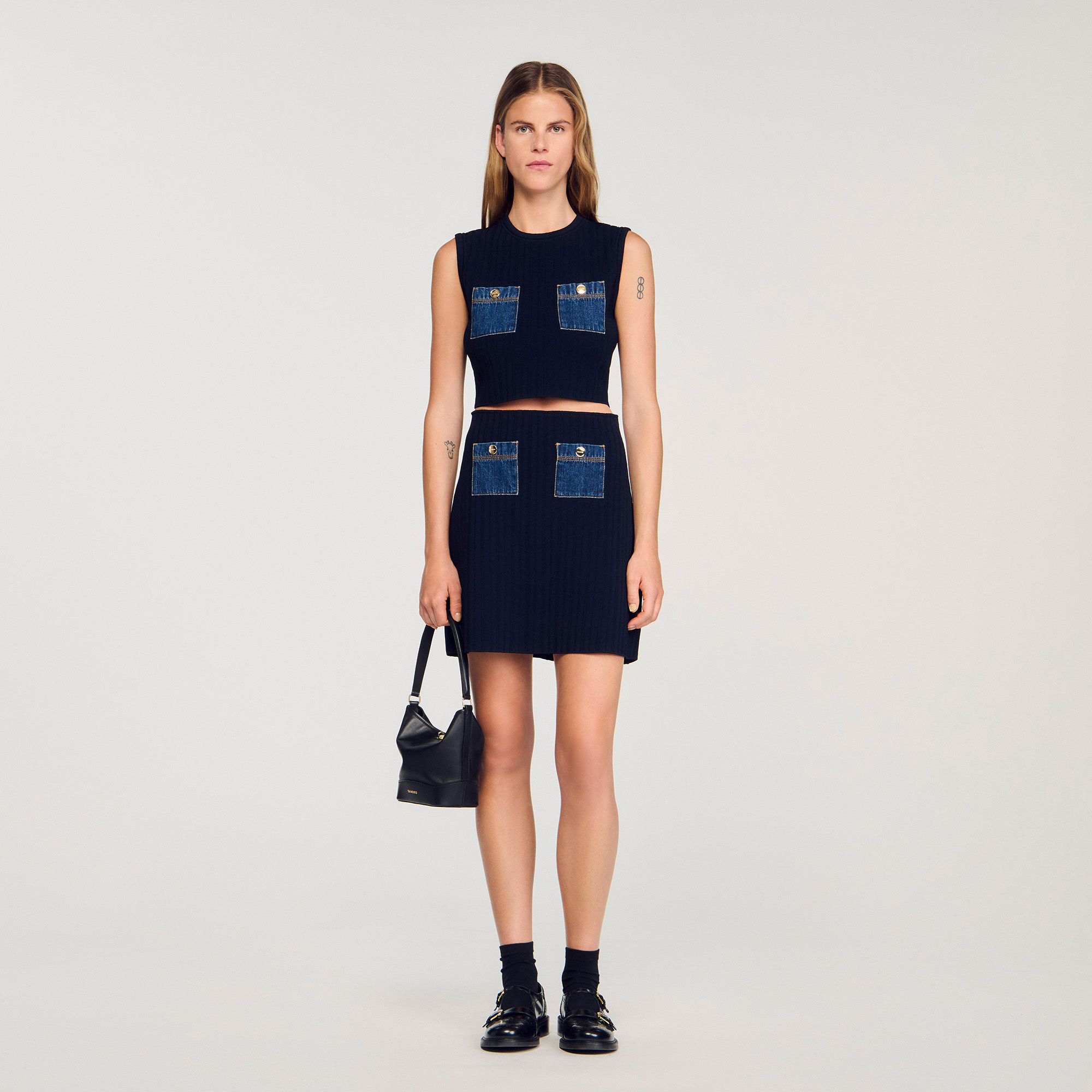 Knit and denim top blue For Women | Sandro Paris