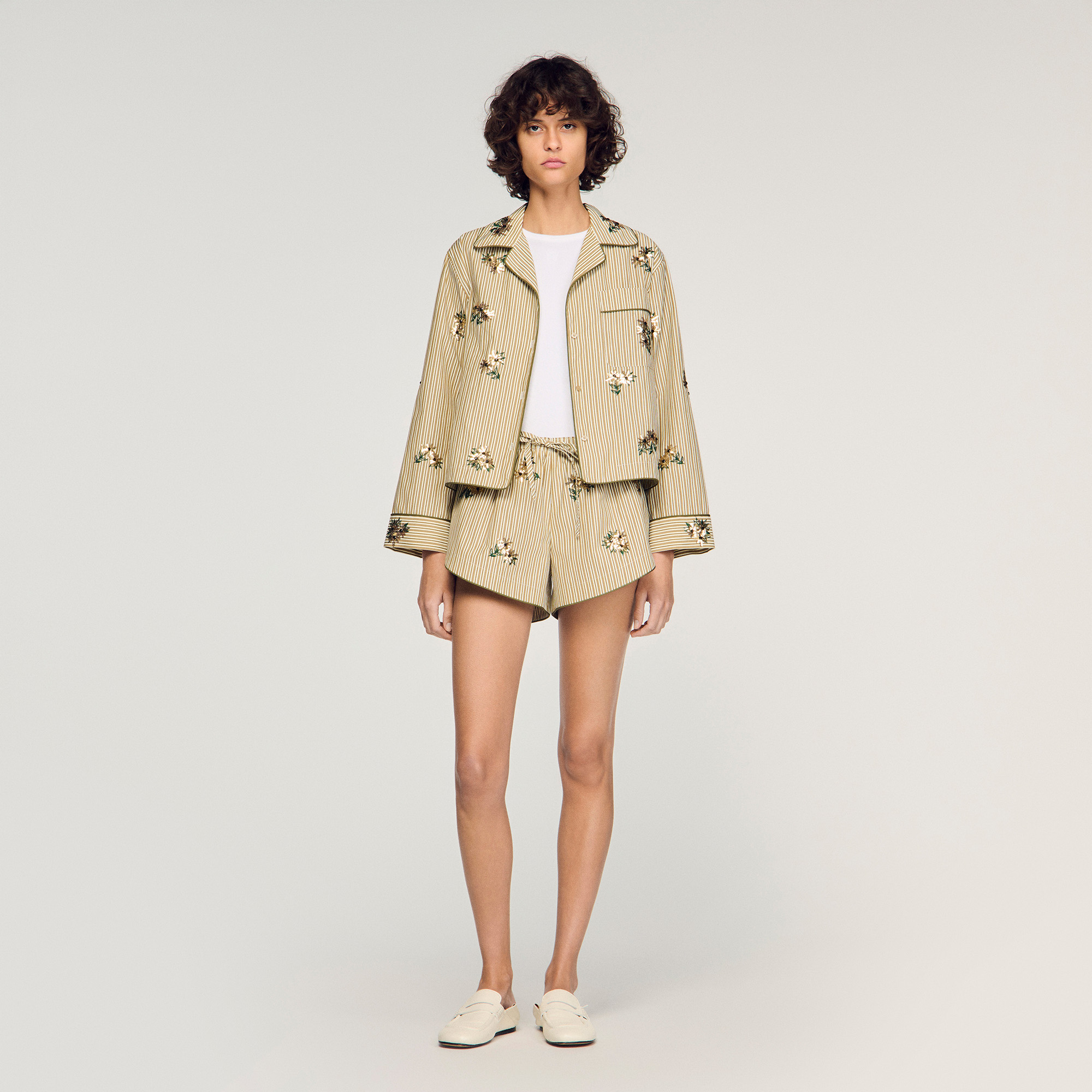 Floral embroidered striped shorts green For Women | Sandro Paris