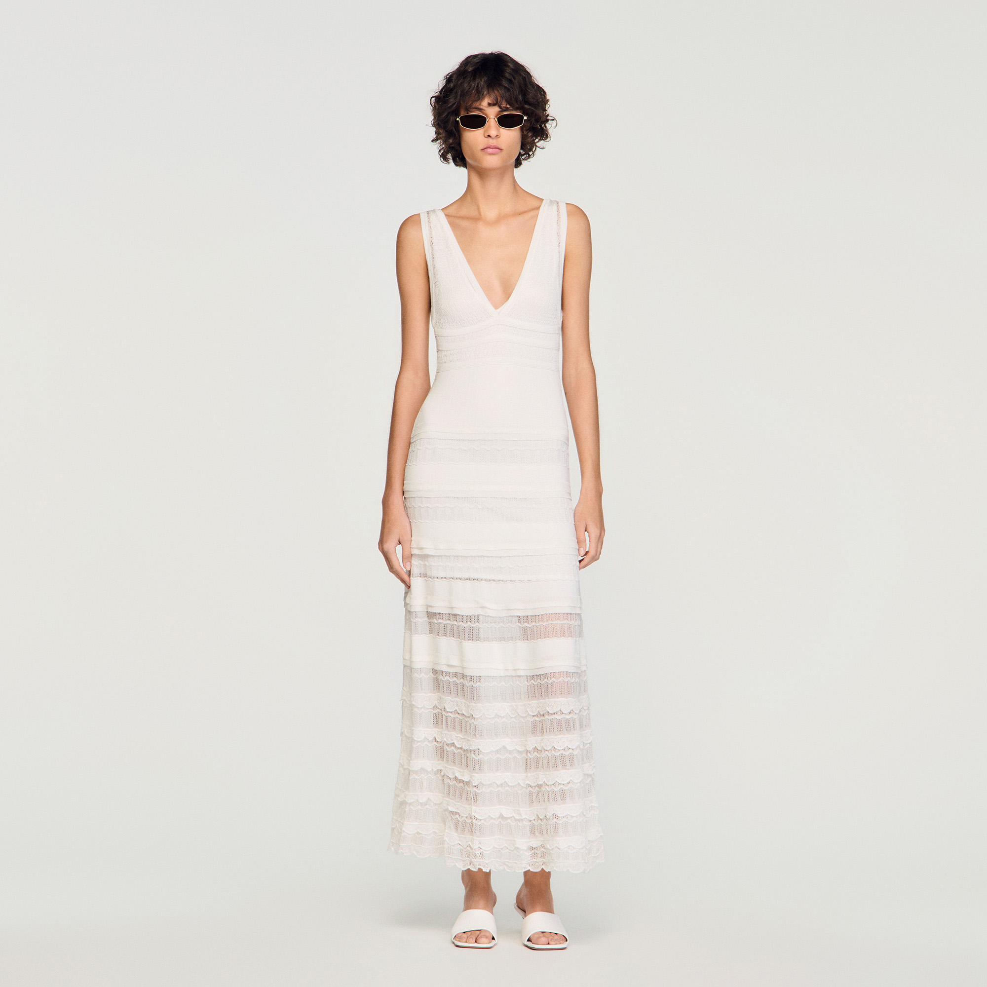 Pointelle knit maxi dress white / beige For Women | Sandro Paris