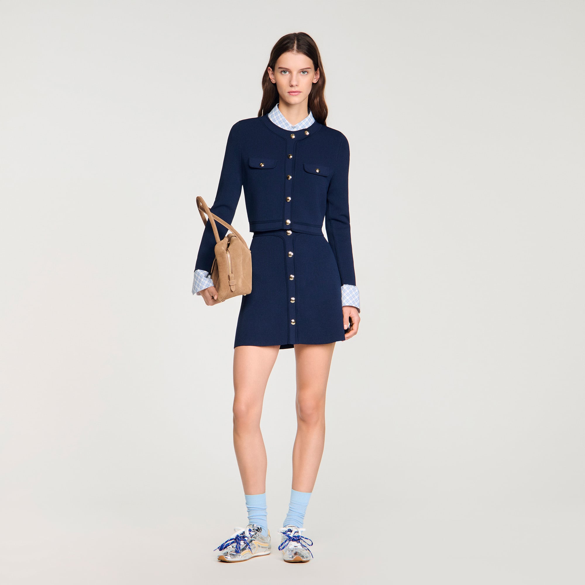 Cropped rib knit cardigan blue For Women | Sandro Paris