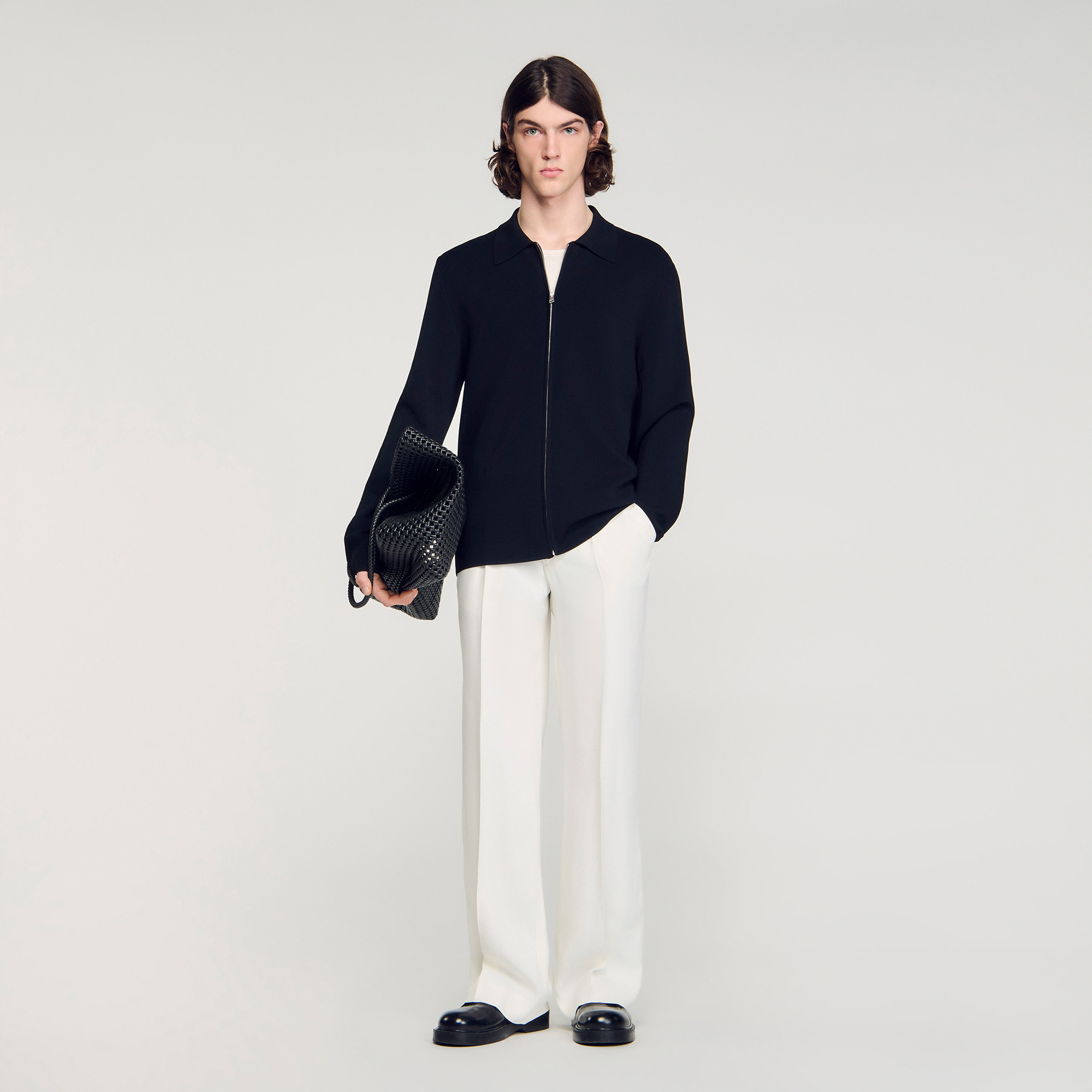 Zipped viscose knit cardigan black / gray for Men | Sandro Paris