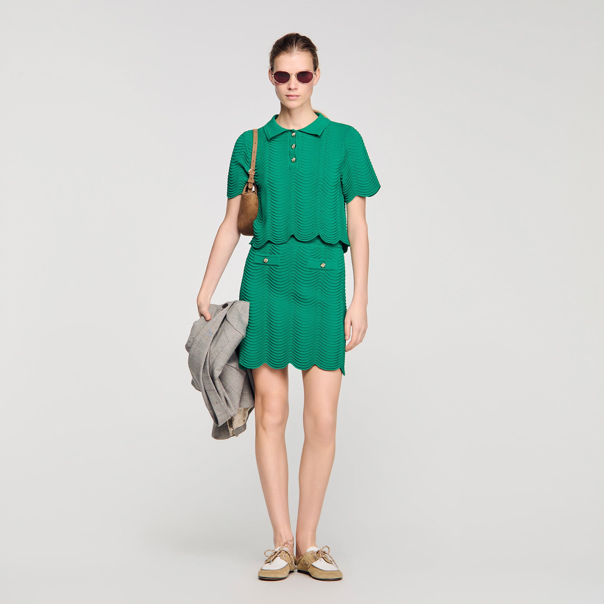 SANDRO アイビーグリーントップス&フレアショートパンツセット Short fancy knit skirt green For Women | Sandro Paris
