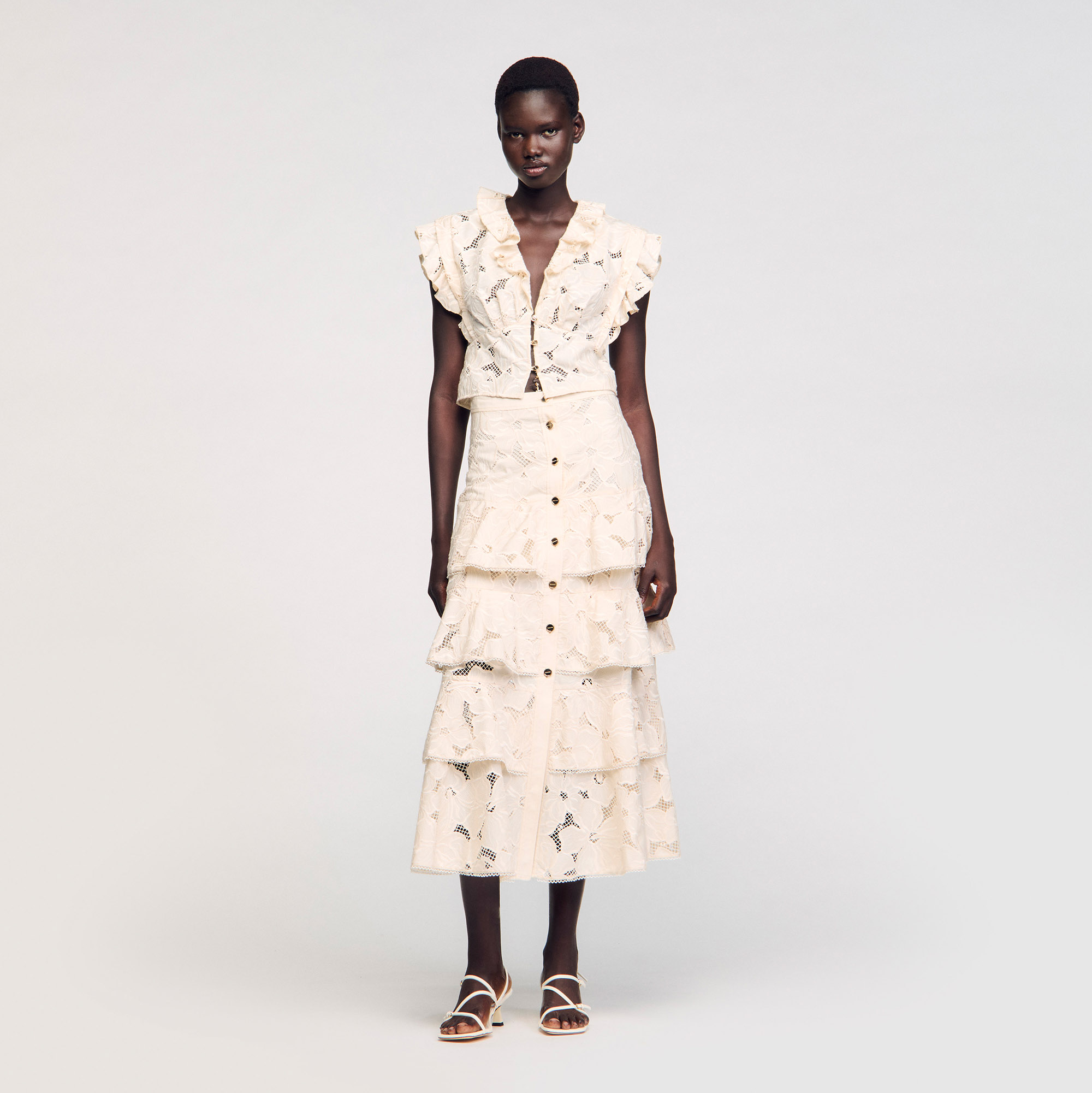 Long frilled skirt white / beige For Women | Sandro Paris