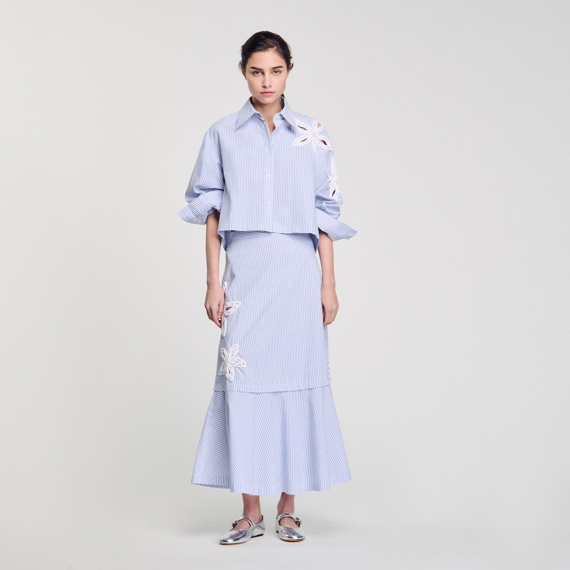 【海外限定】Sandroコットンスカート☆Striped Puffed Cotton Mi Striped bubble skirt brown For Women | Sandro Paris