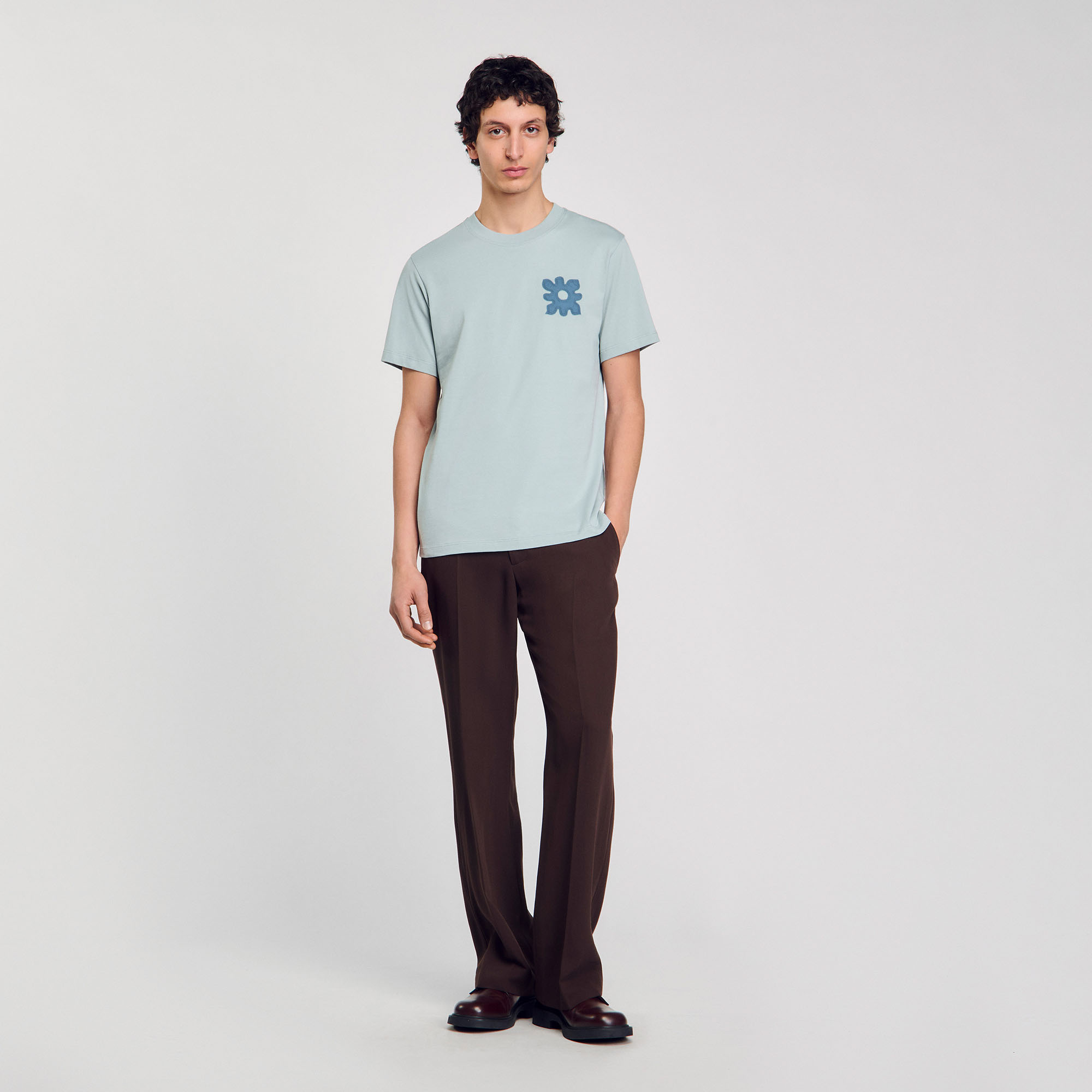 T-shirt with flower detail blue for Men | Sandro Paris