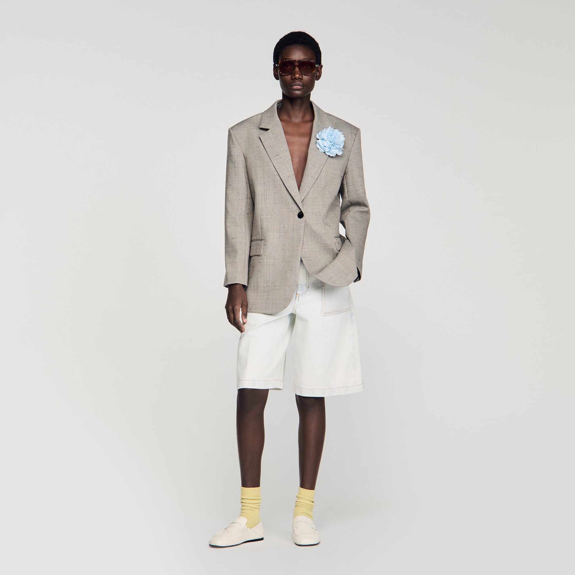 Check wool jacket with brooch white / beige For Women | Sandro Paris