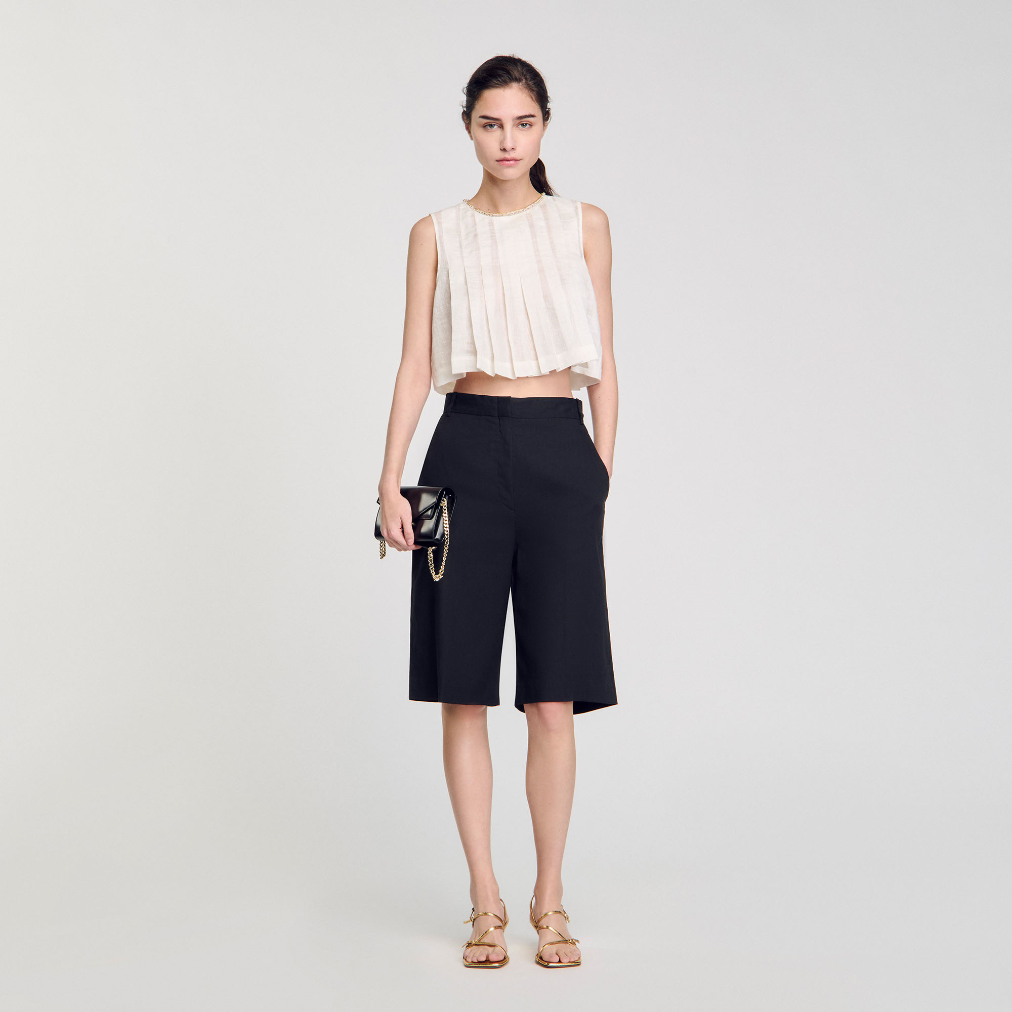 Pleated rhinestone neck crop top white / beige For Women