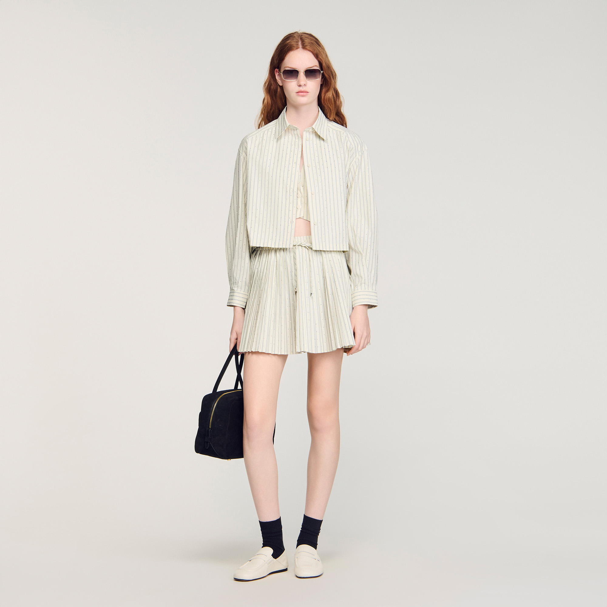 Striped rhinestone shirt white / beige For Women | Sandro Paris