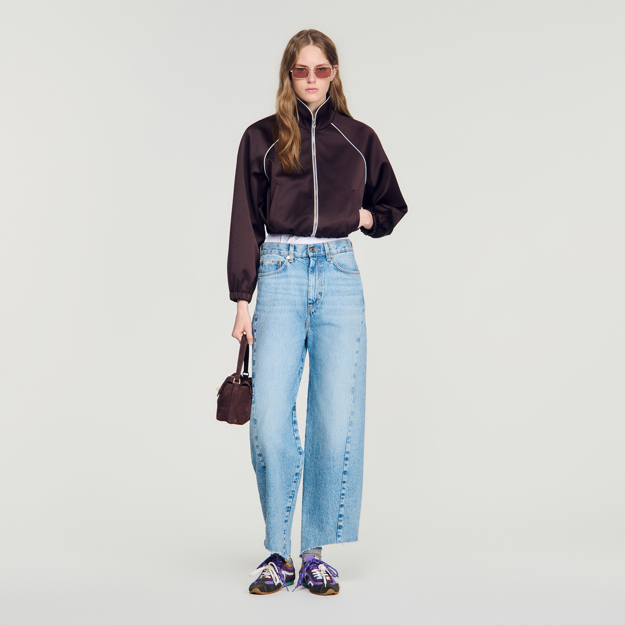 Cropped embroidered satin jacket brown For Women | Sandro Paris