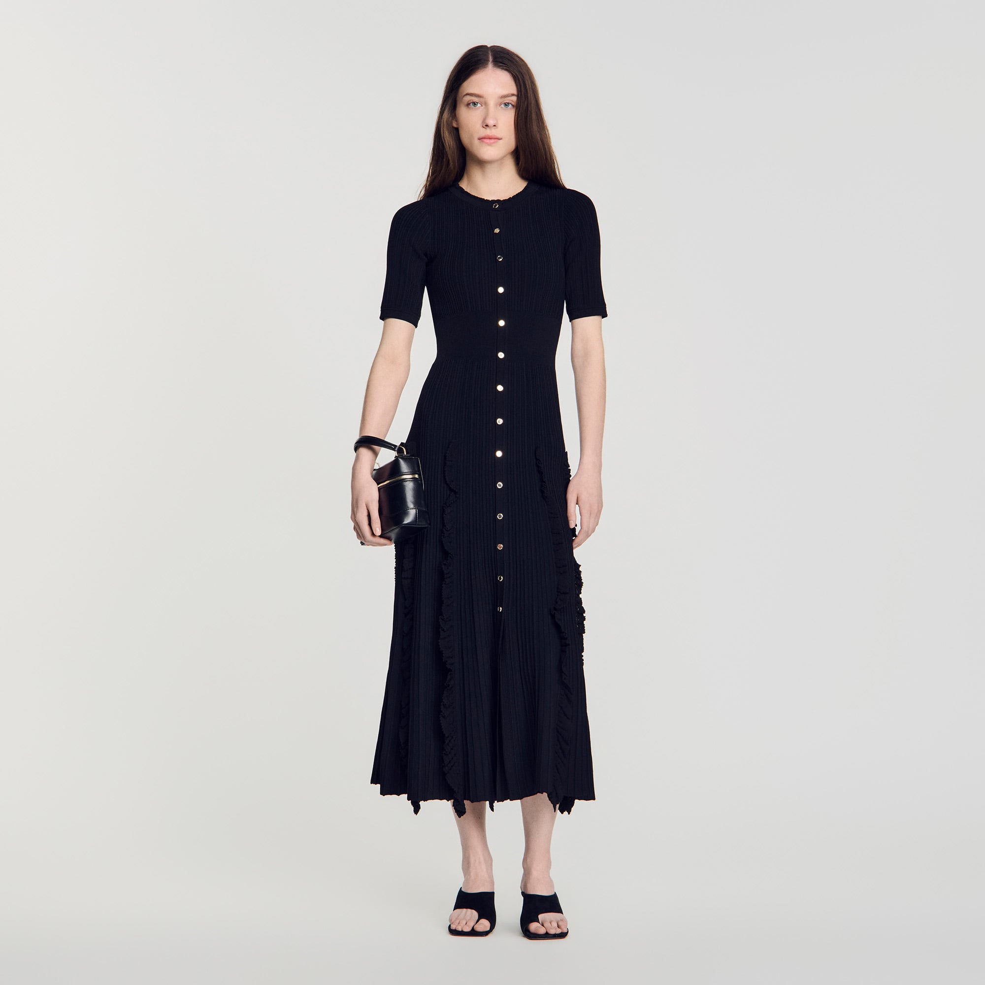 Knit maxi dress with ruffles black / gray For Women | Sandro Paris