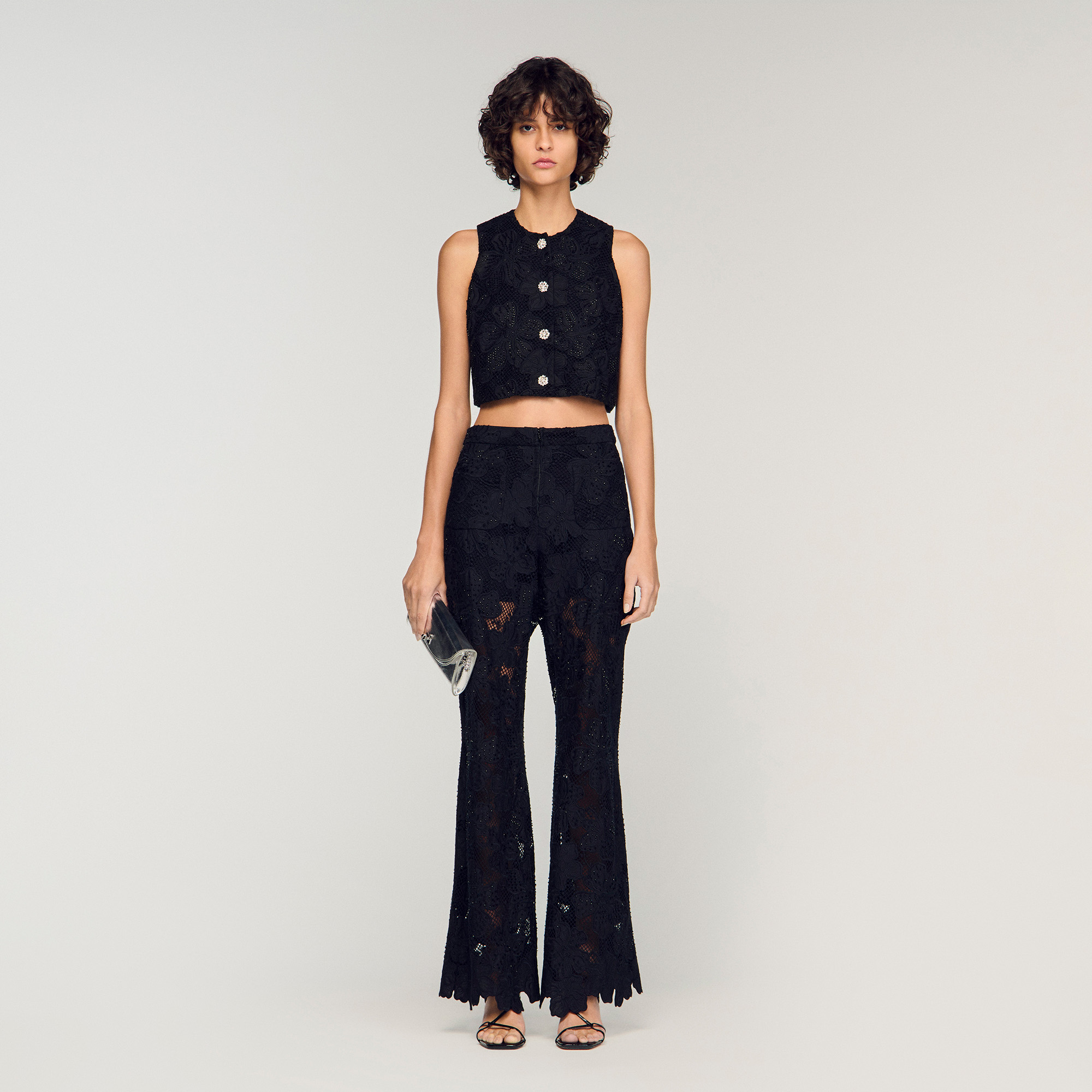 Embroidered guipure crop top black / gray For Women | Sandro Paris