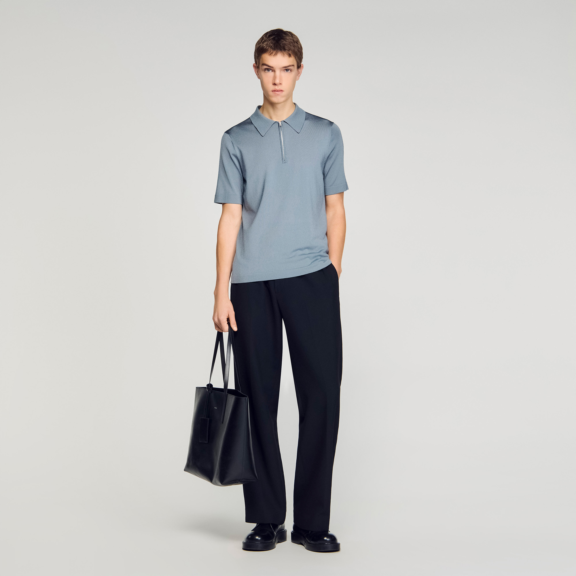Knitted polo shirt with zip collar black / gray for Men | Sandro Paris