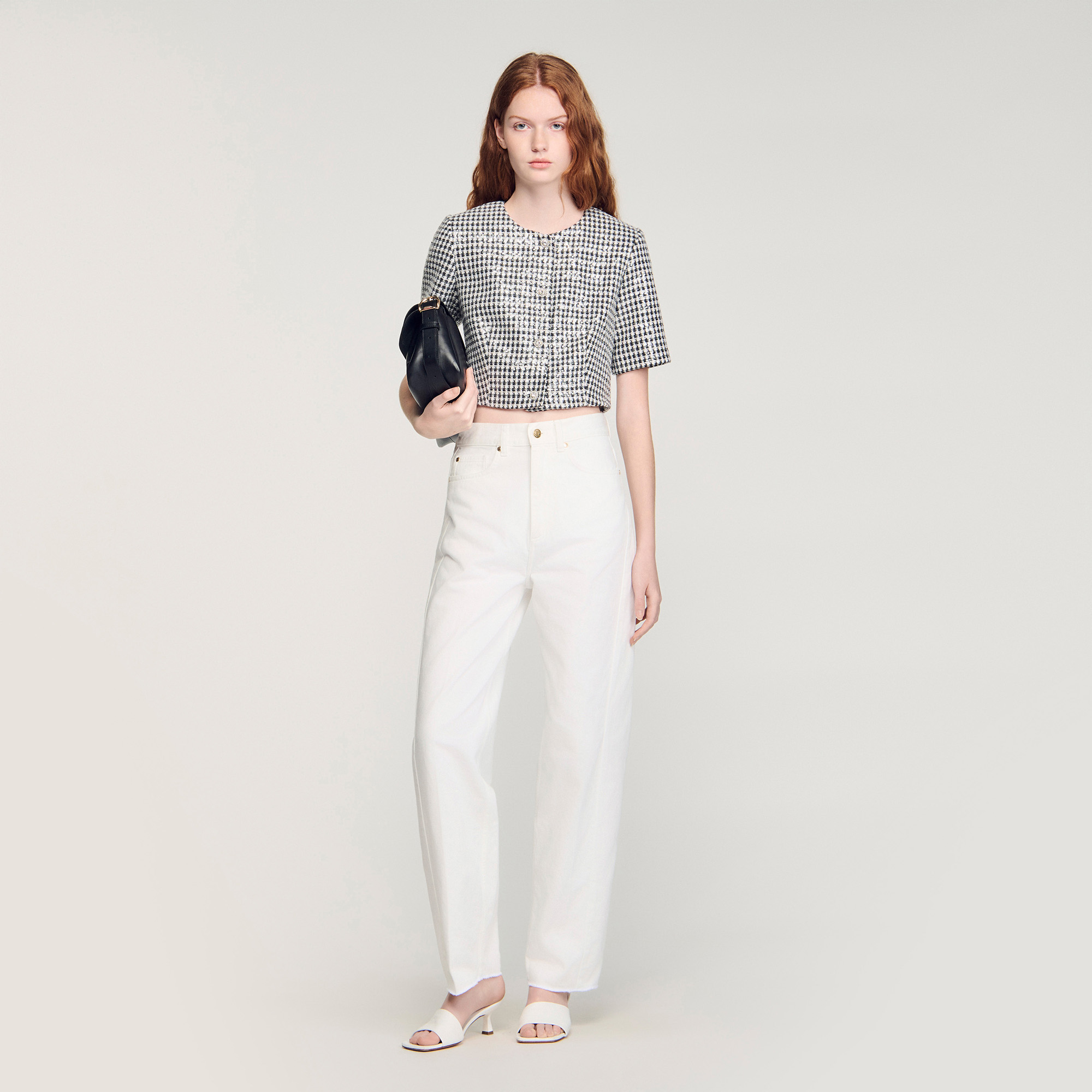 Cropped houndstooth tweed jacket black / gray For Women | Sandro Paris