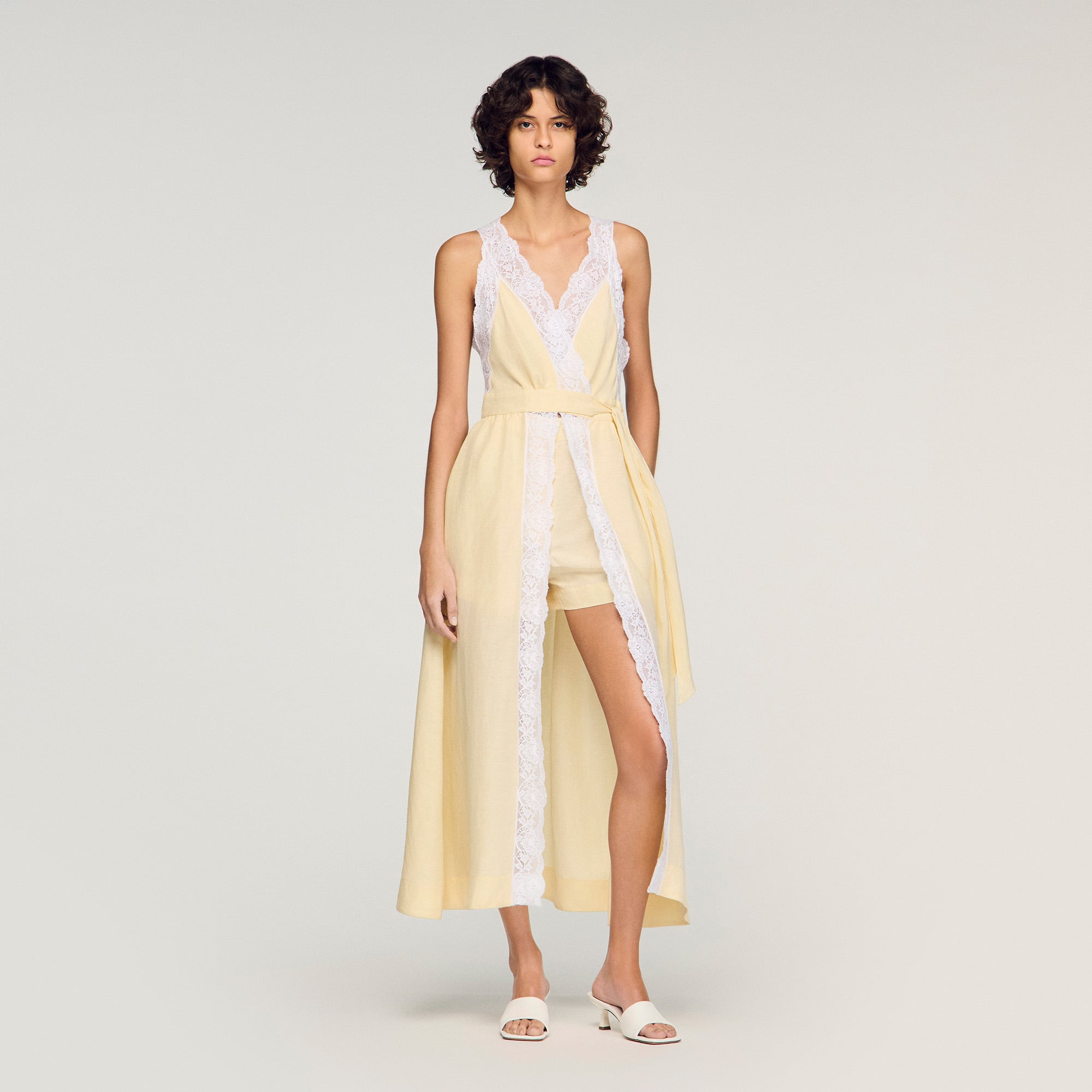 Trimmed linen maxi dress white / beige For Women | Sandro Paris