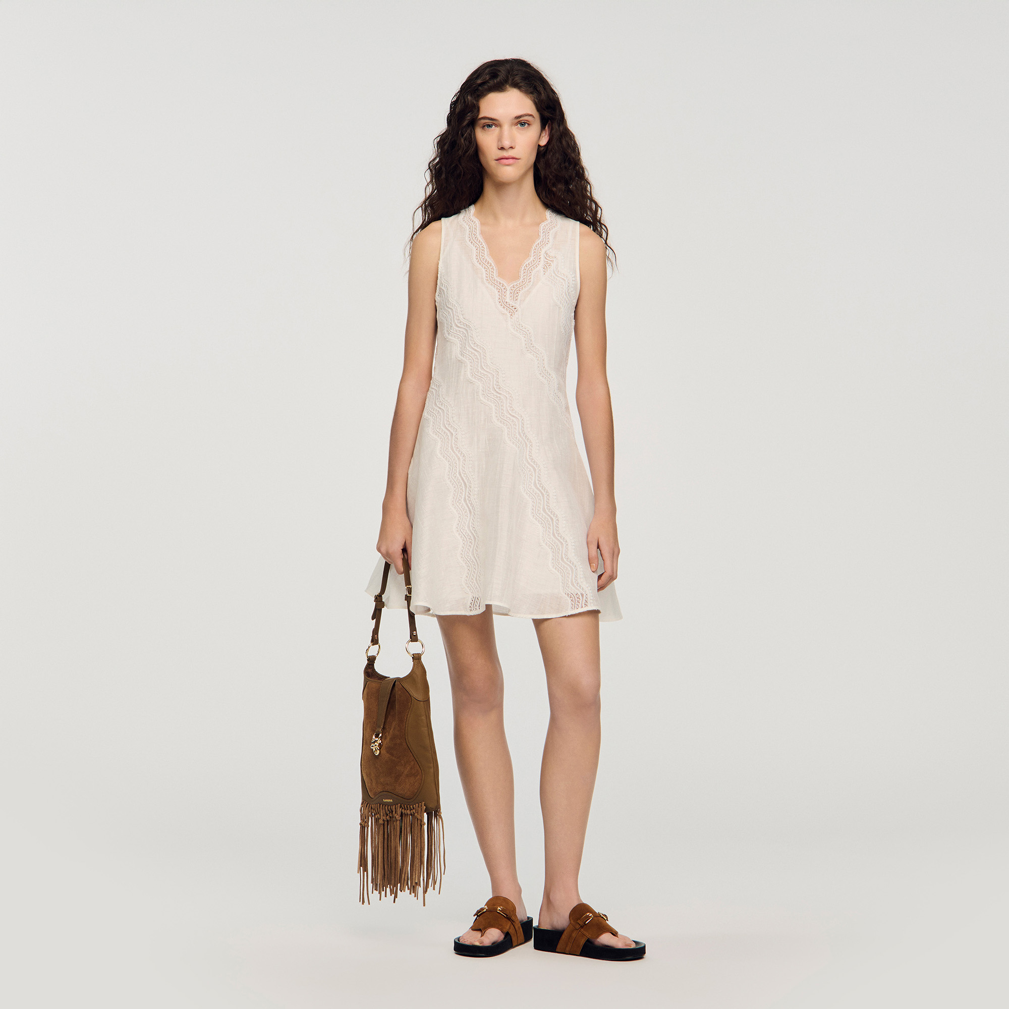sandro white linen dress SANDRO Mini Trimmed Linen Dress | White
