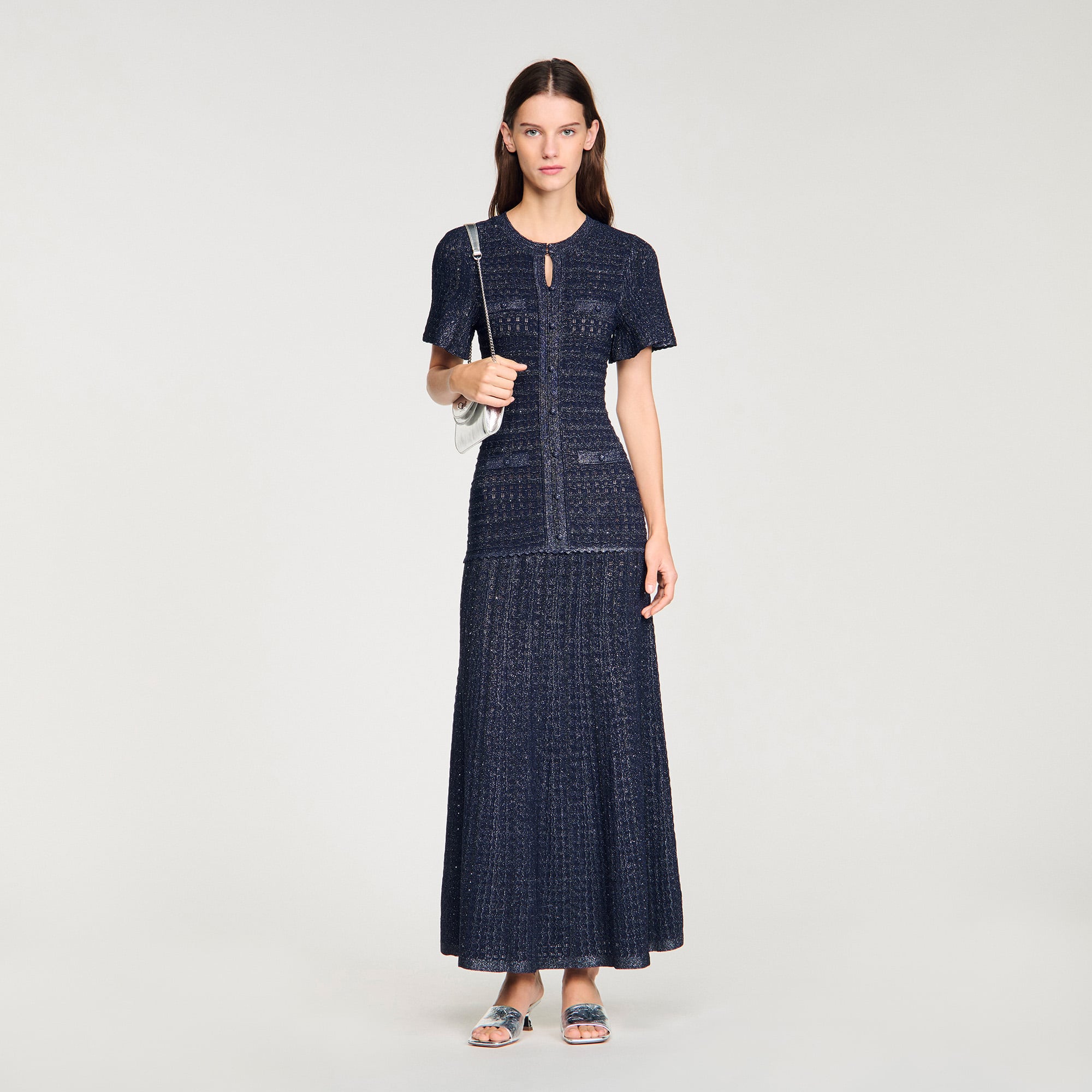 Rhinestone knit maxi dress blue For Women | Sandro Paris