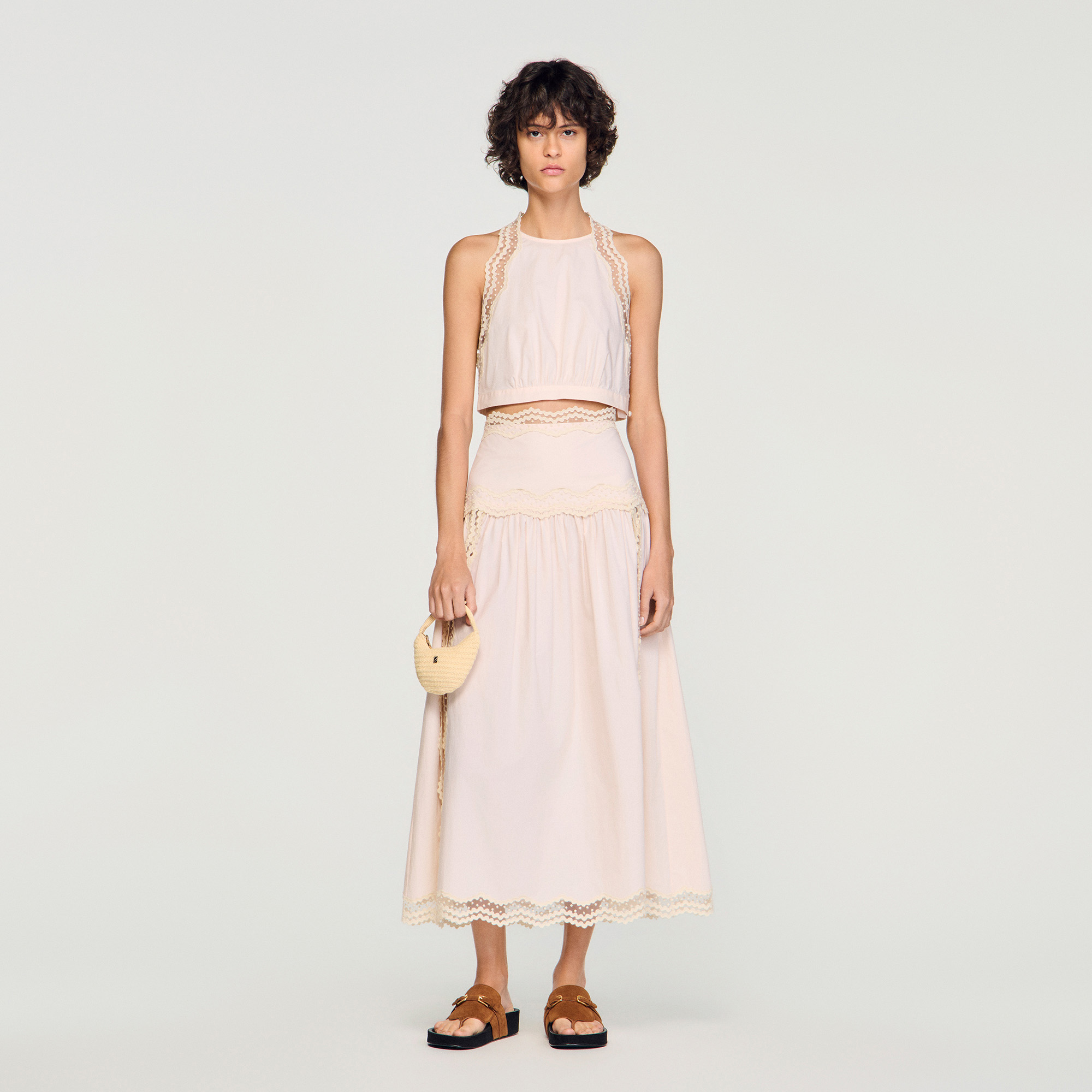 Sandro - ❤️Sandro2020新作　新品　ピンク　トップス　2色　綺麗上品 Cotton crop top with lace trim pink For Women | Sandro Paris