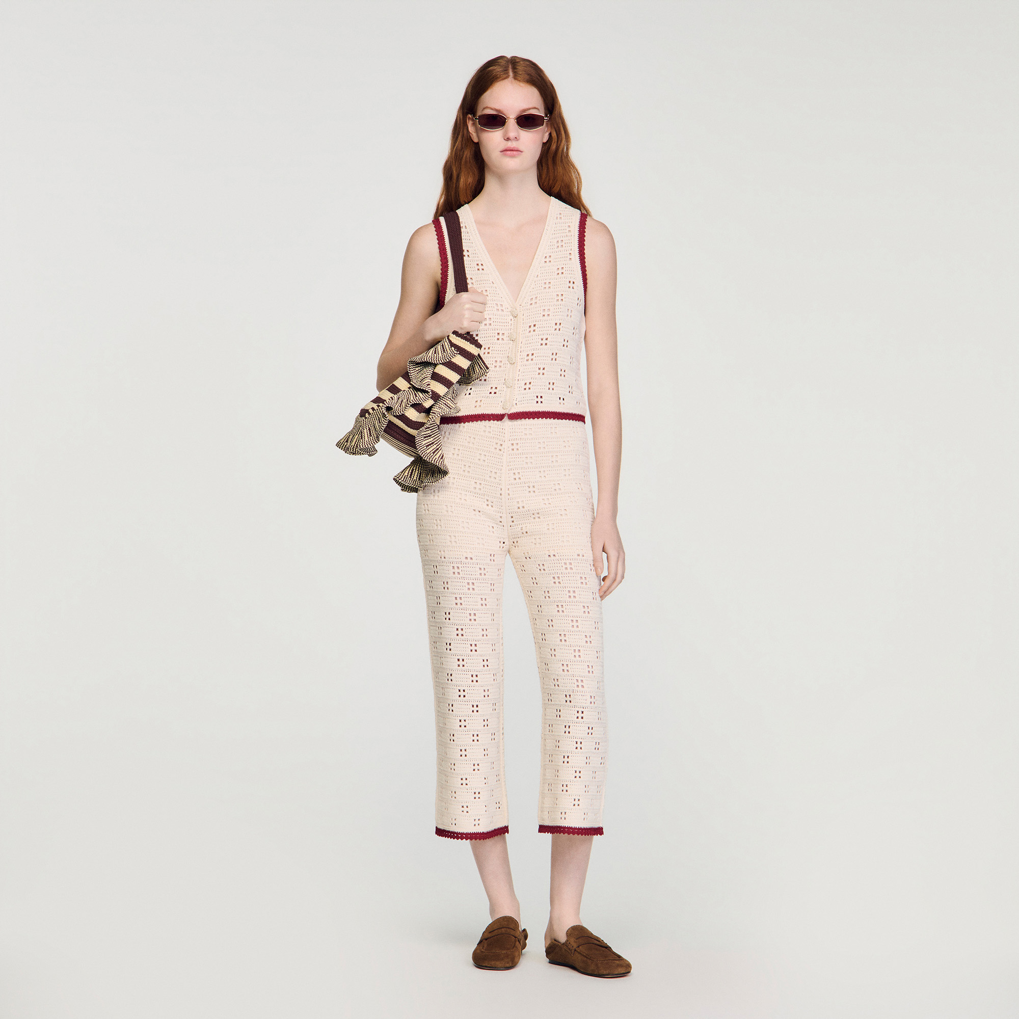 Crochet-look knit trousers white / beige For Women | Sandro Paris