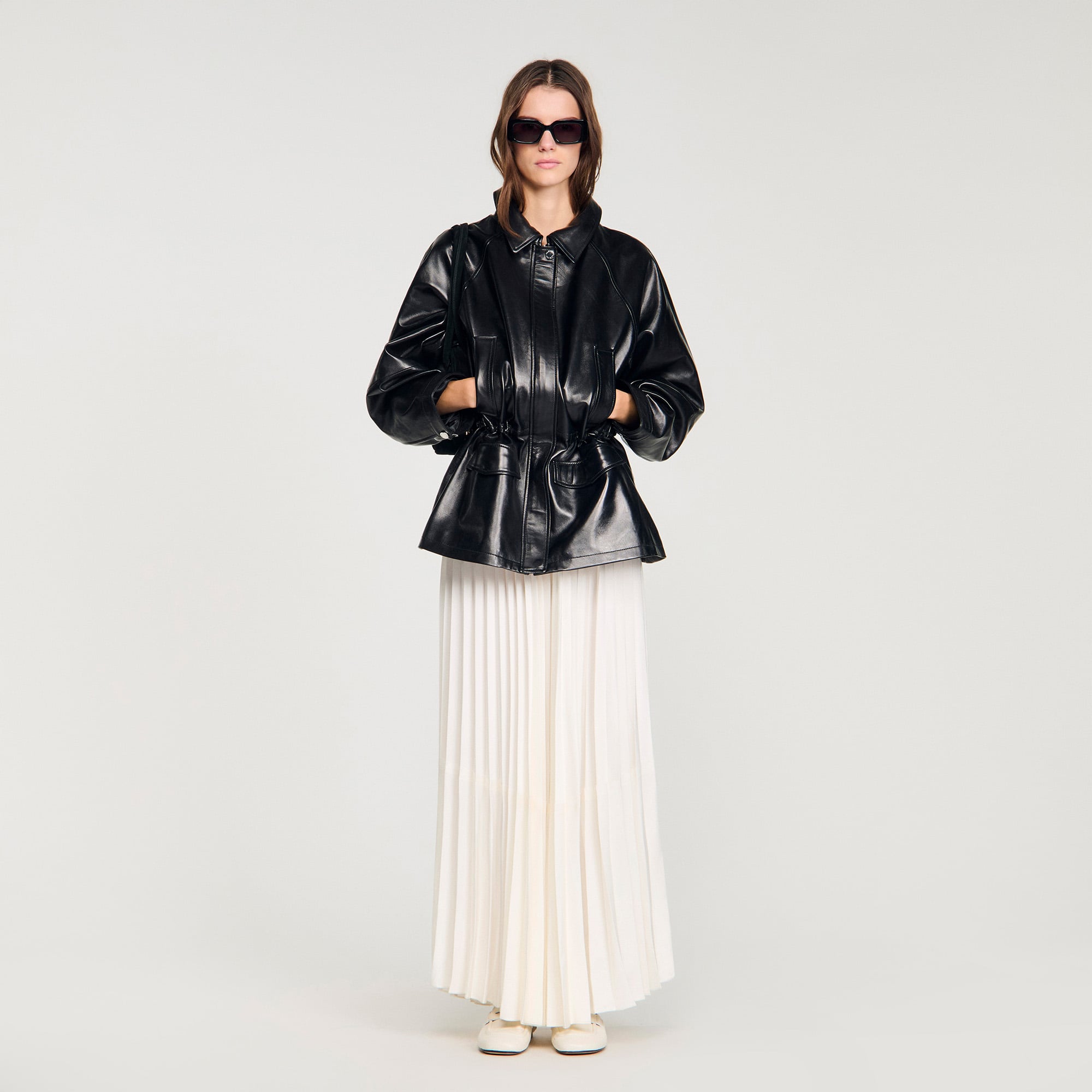 Smooth leather jacket black / gray For Women | Sandro Paris